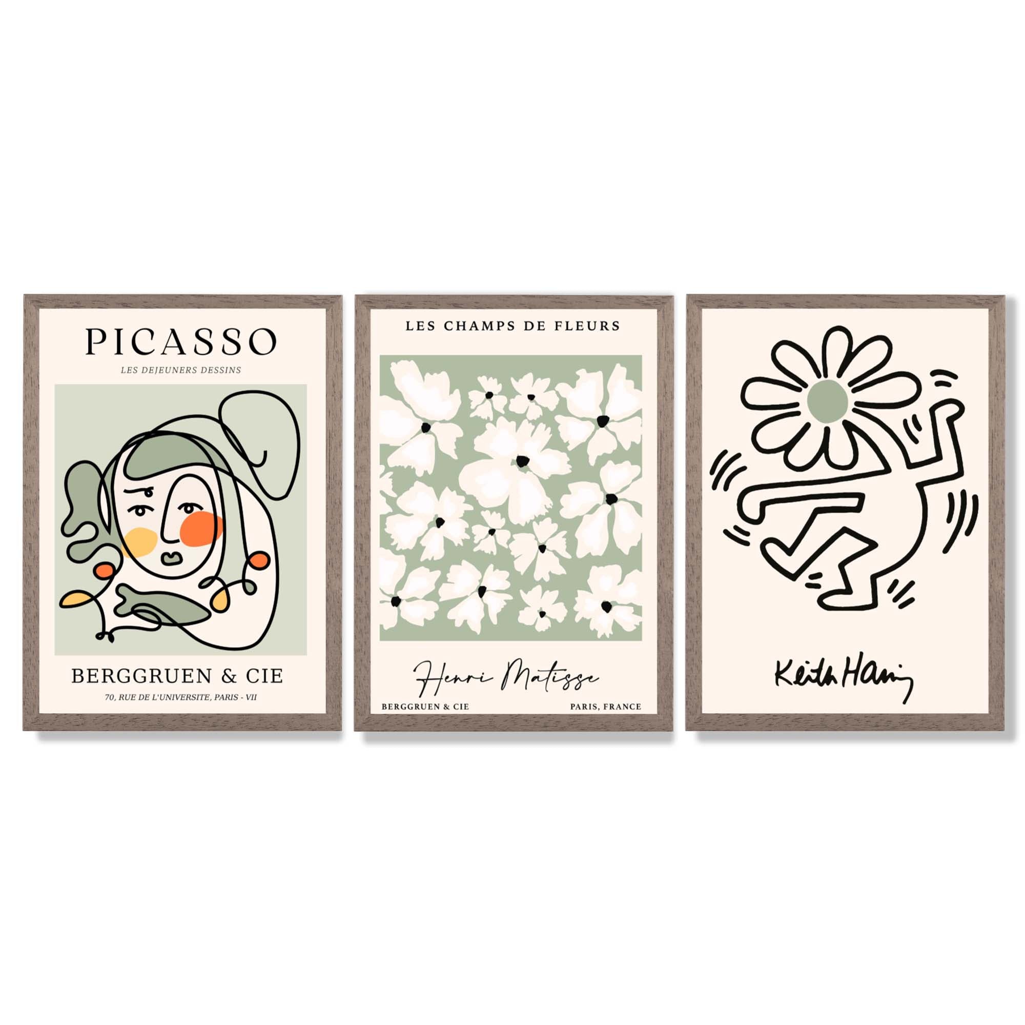 Set of 3 Modern Picasso, Keith Haring Flower in Sage Green Framed Wall Art with Light Walnut Frames