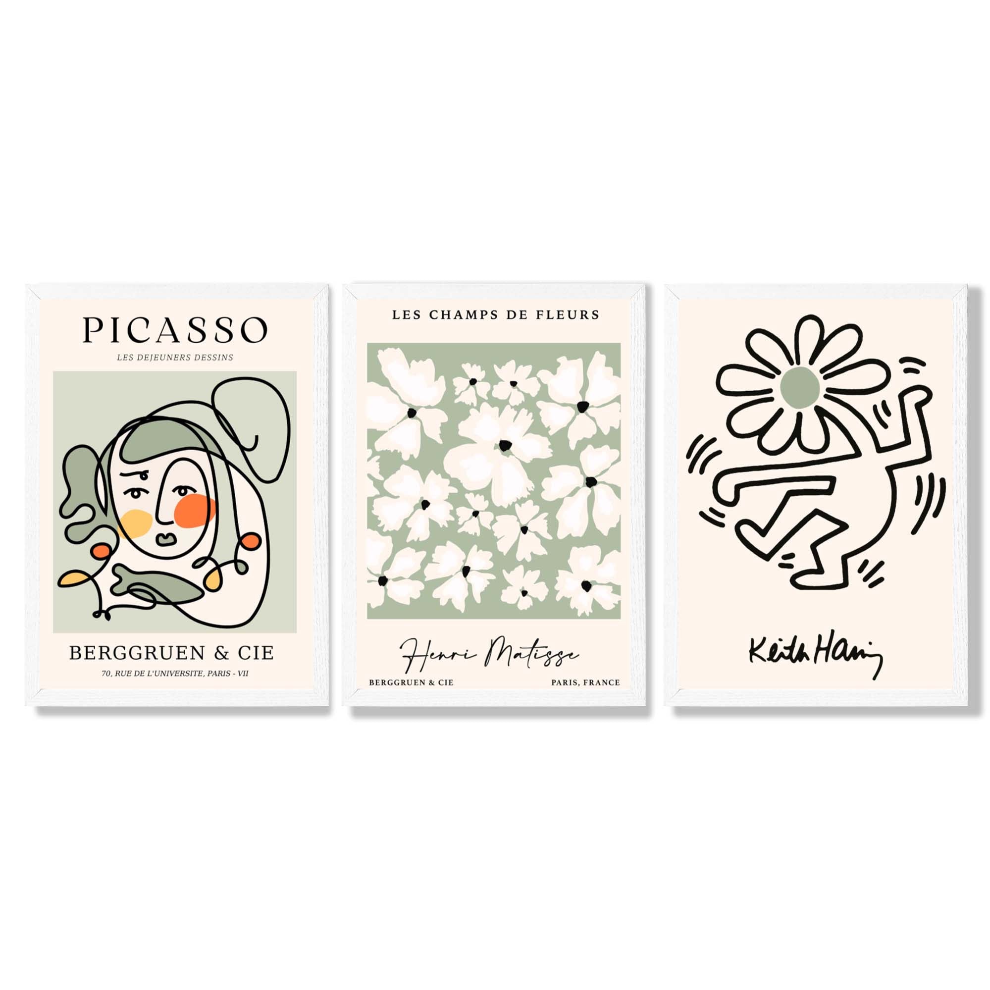 Set of 3 Modern Picasso, Keith Haring Flower in Sage Green Framed Wall Art with White Wooden Frames