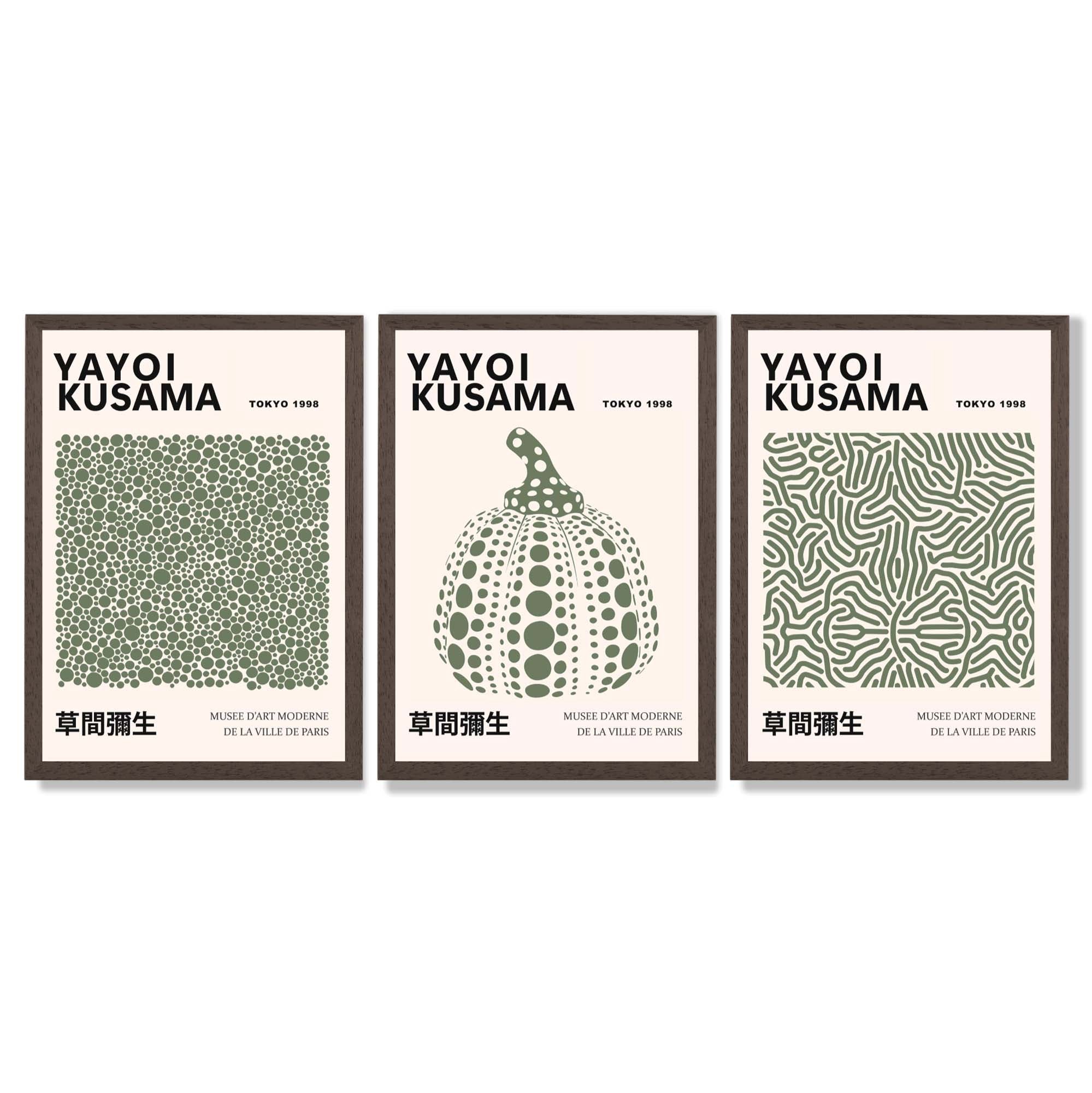Set of 3 Yayoi Kusama Infinity in Dark Green Framed Wall Art with Dark Wood Frames