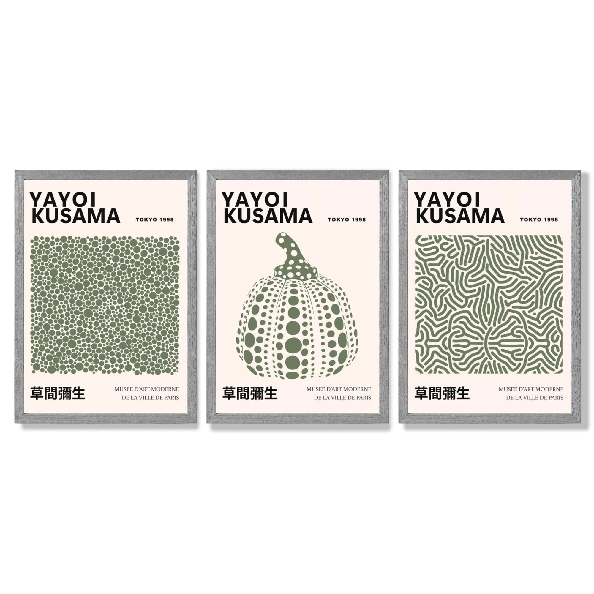 Set of 3 Yayoi Kusama Infinity in Dark Green Framed Wall Art with Light Grey Wooden Frames