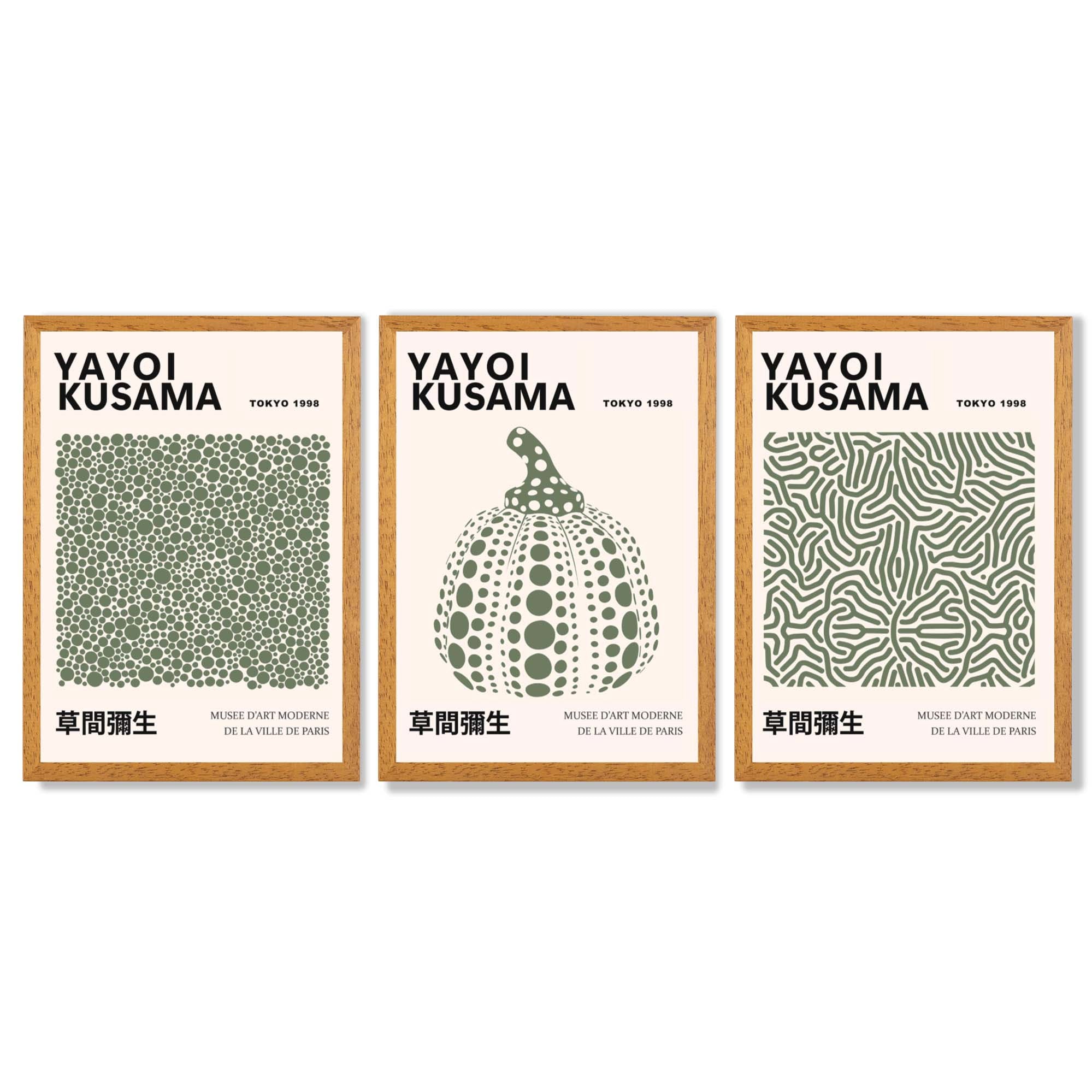 Set of 3 Yayoi Kusama Infinity in Dark Green Framed Wall Art with Oak Wooden Frames