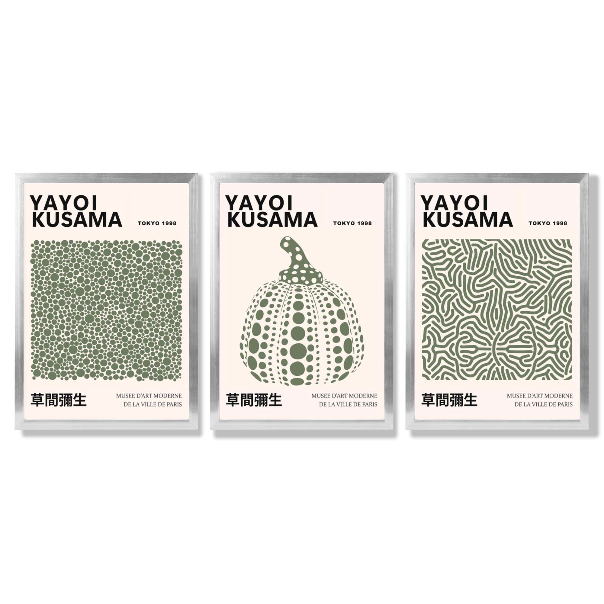 Set of 3 Yayoi Kusama Infinity in Dark Green Framed Wall Art with Silver Wood Frames