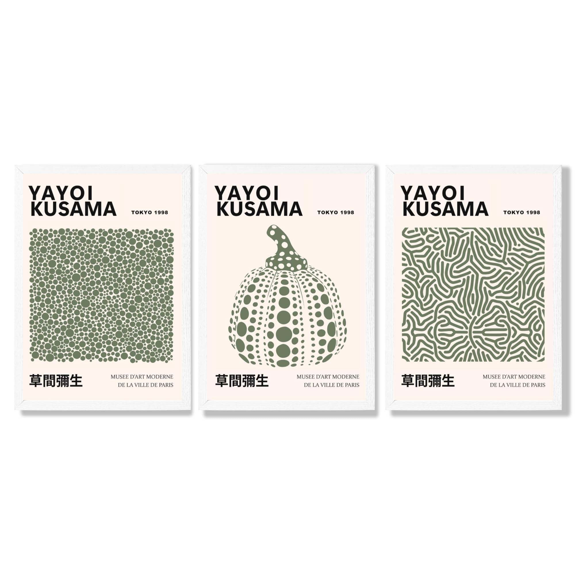 Set of 3 Yayoi Kusama Infinity in Dark Green Framed Wall Art with White Wooden Frames
