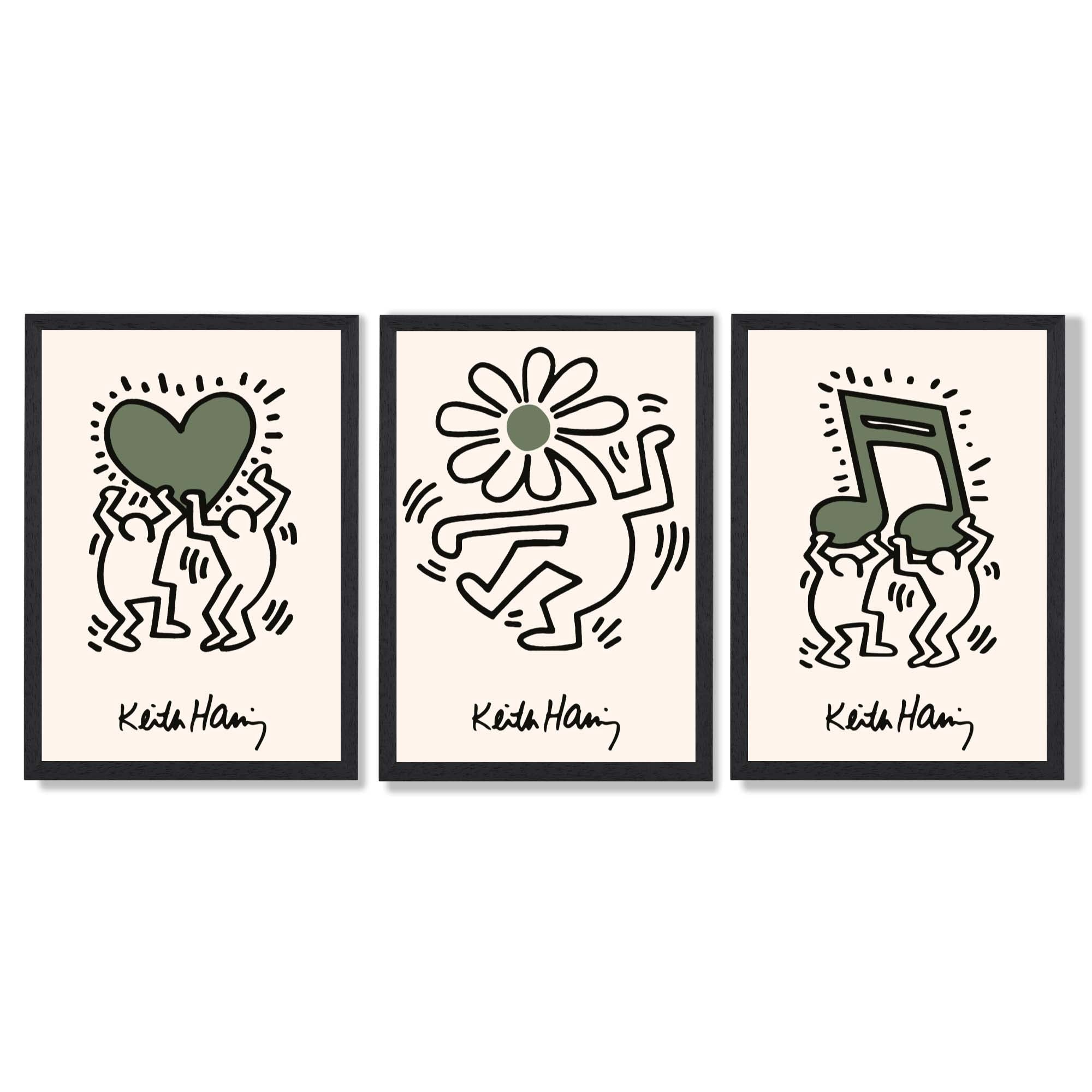 Set of 3 Keith Haring Emotive in Dark Green Framed Wall Art with Black Wooden Frames