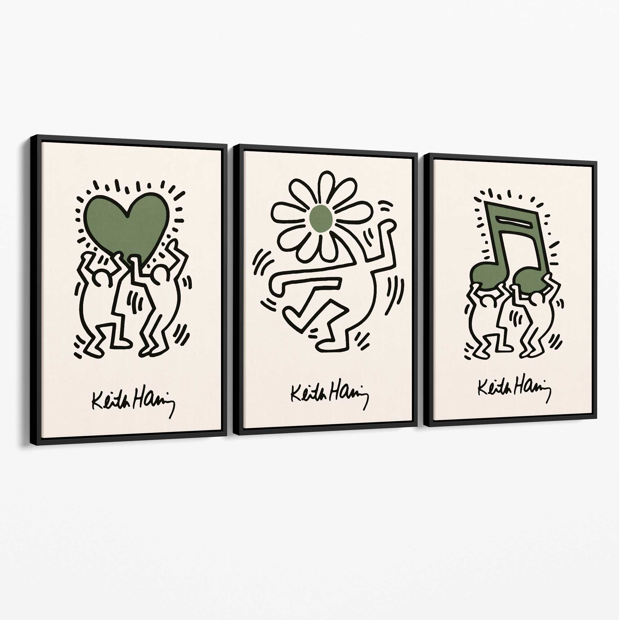 Set of 3 Keith Haring Emotive in Dark Green Canvas Prints with Black Float Frame