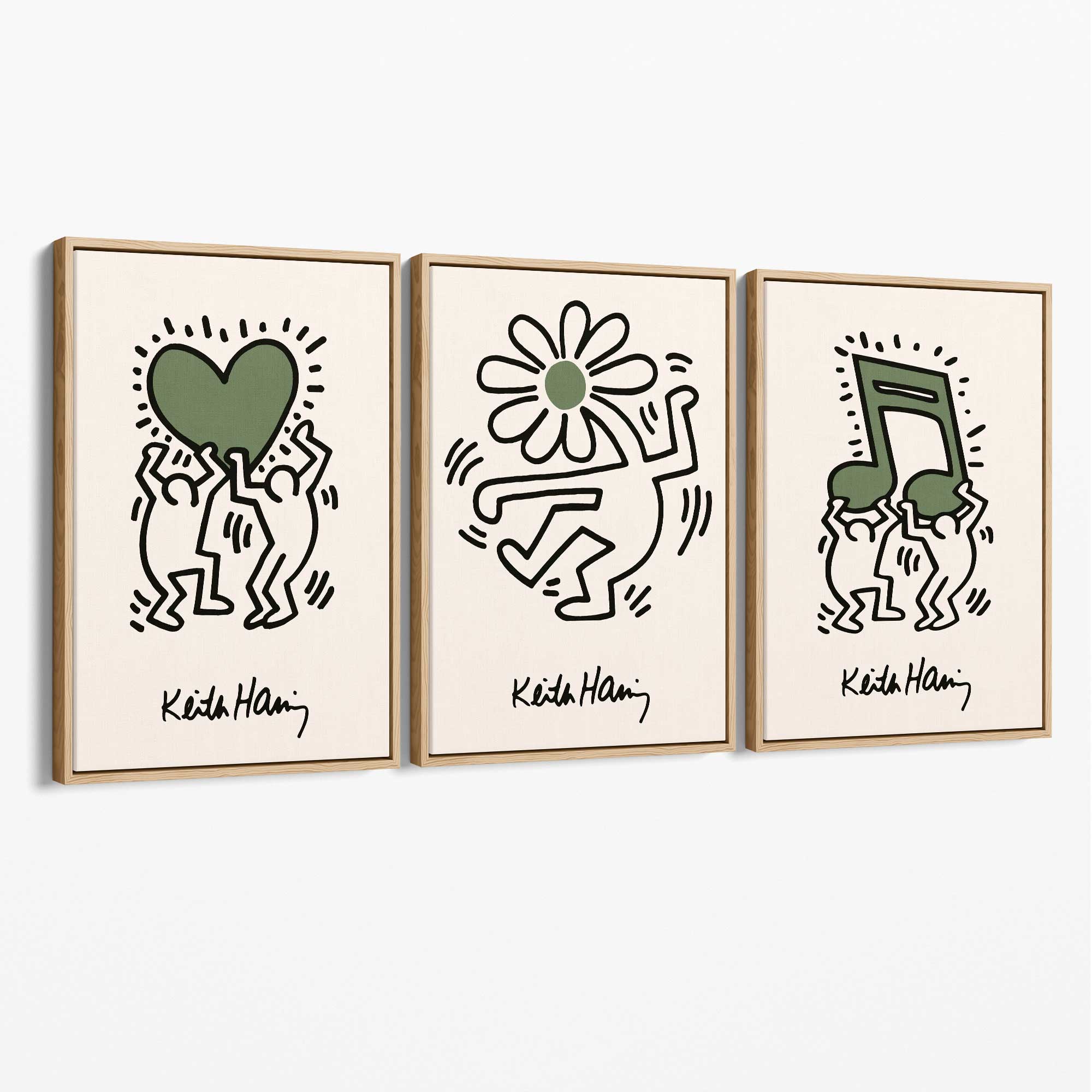 Set of 3 Keith Haring Emotive in Dark Green Canvas Prints with Oak Float Frame