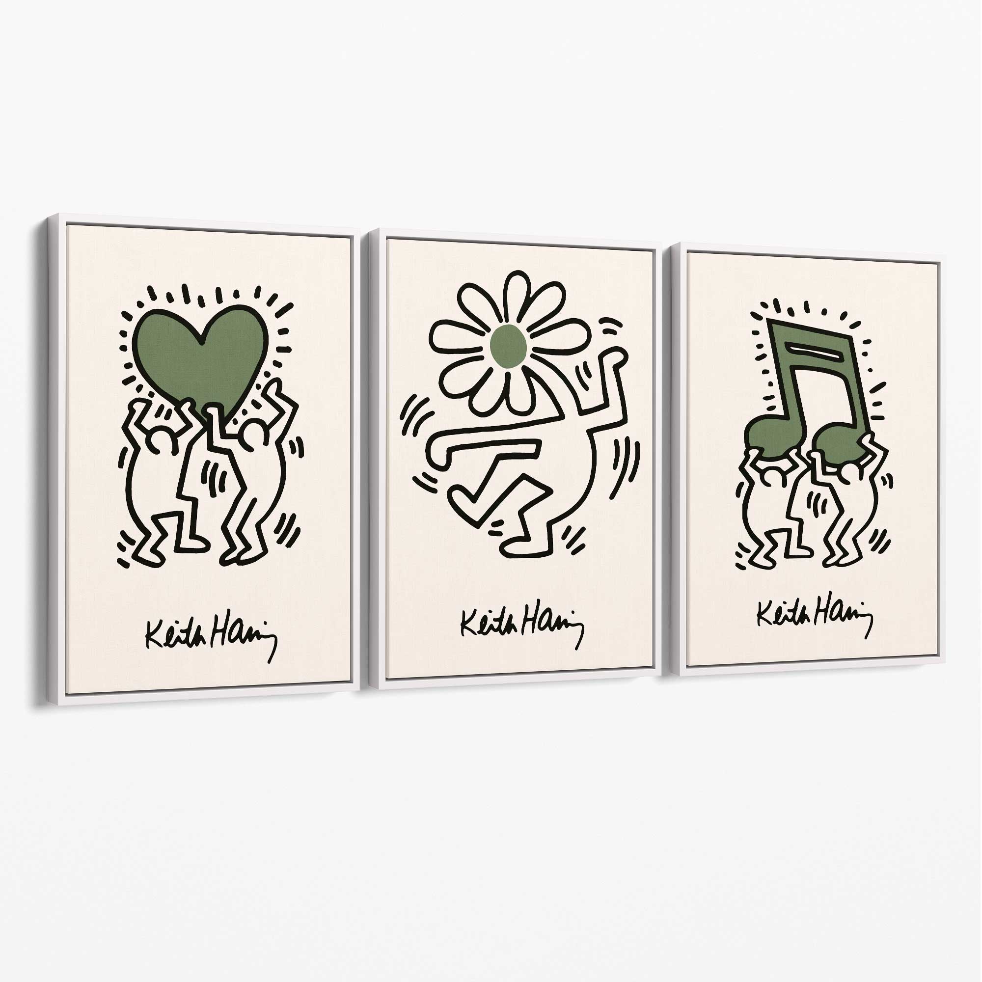 Set of 3 Keith Haring Emotive in Dark Green Canvas Prints with White Float Frame