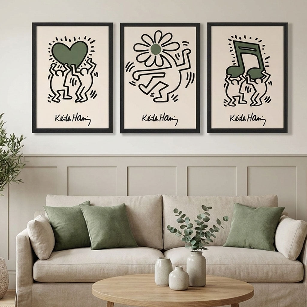 Set of 3 Keith Haring Emotive in Dark Green Art Prints in Black Frames | Artze UK