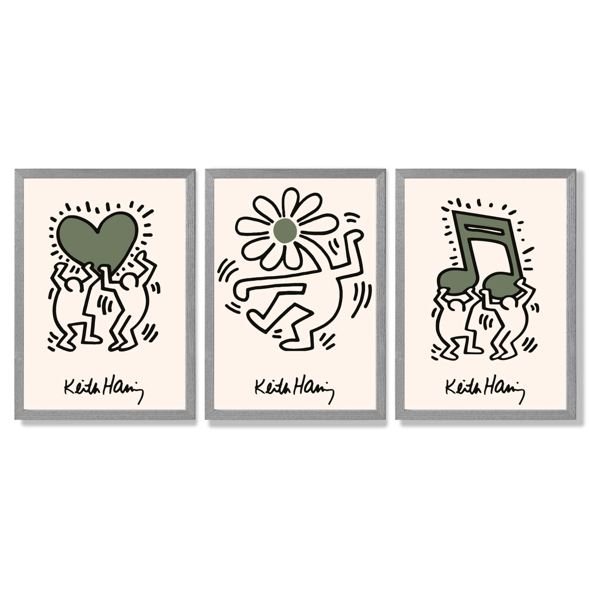 Set of 3 Keith Haring Emotive in Dark Green Framed Wall Art with Light Grey Wooden Frames