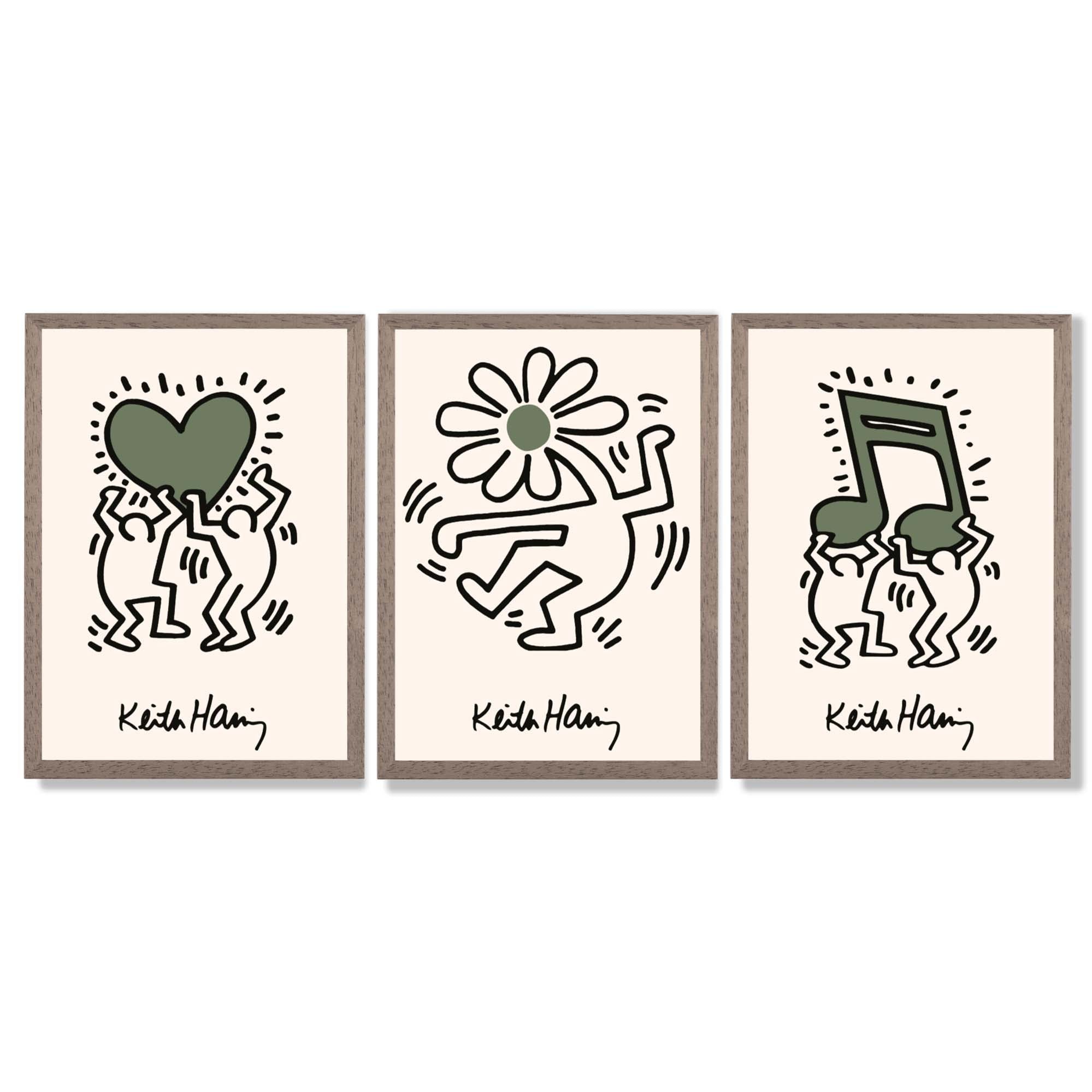 Set of 3 Keith Haring Emotive in Dark Green Framed Wall Art with Light Walnut Frames
