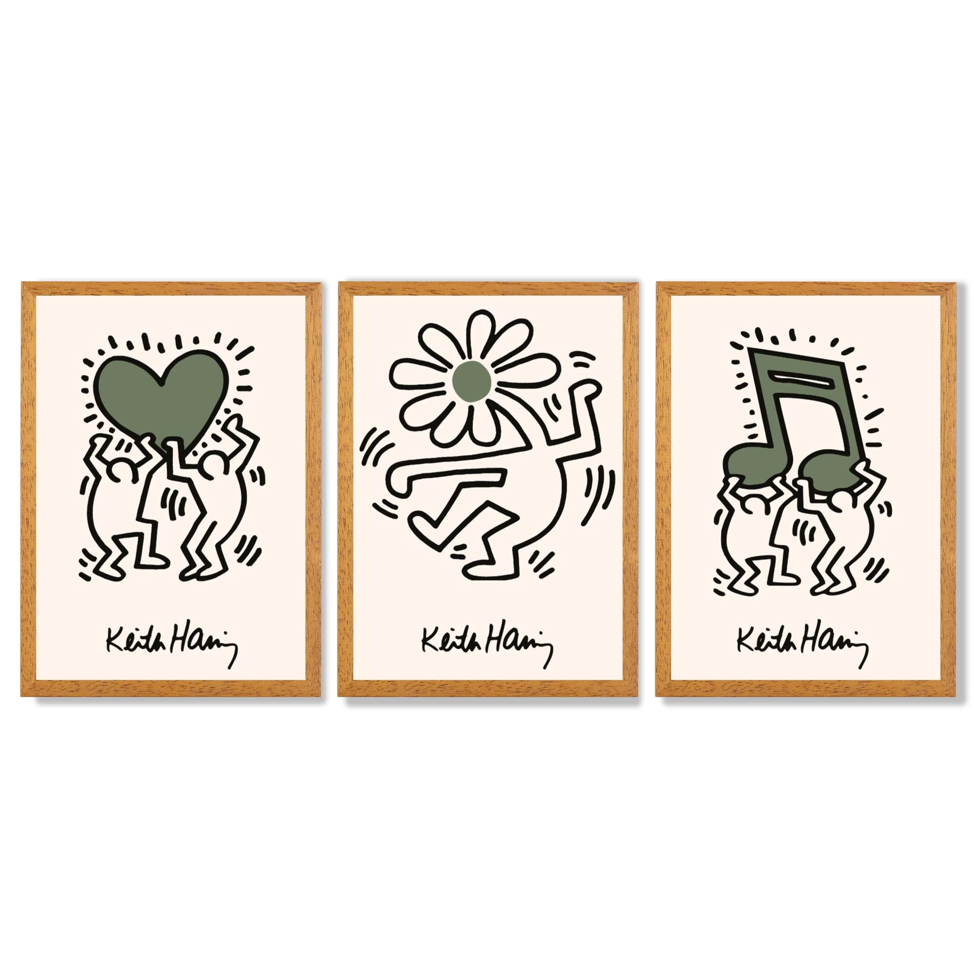 Set of 3 Keith Haring Emotive in Dark Green Framed Wall Art with Oak Wooden Frames