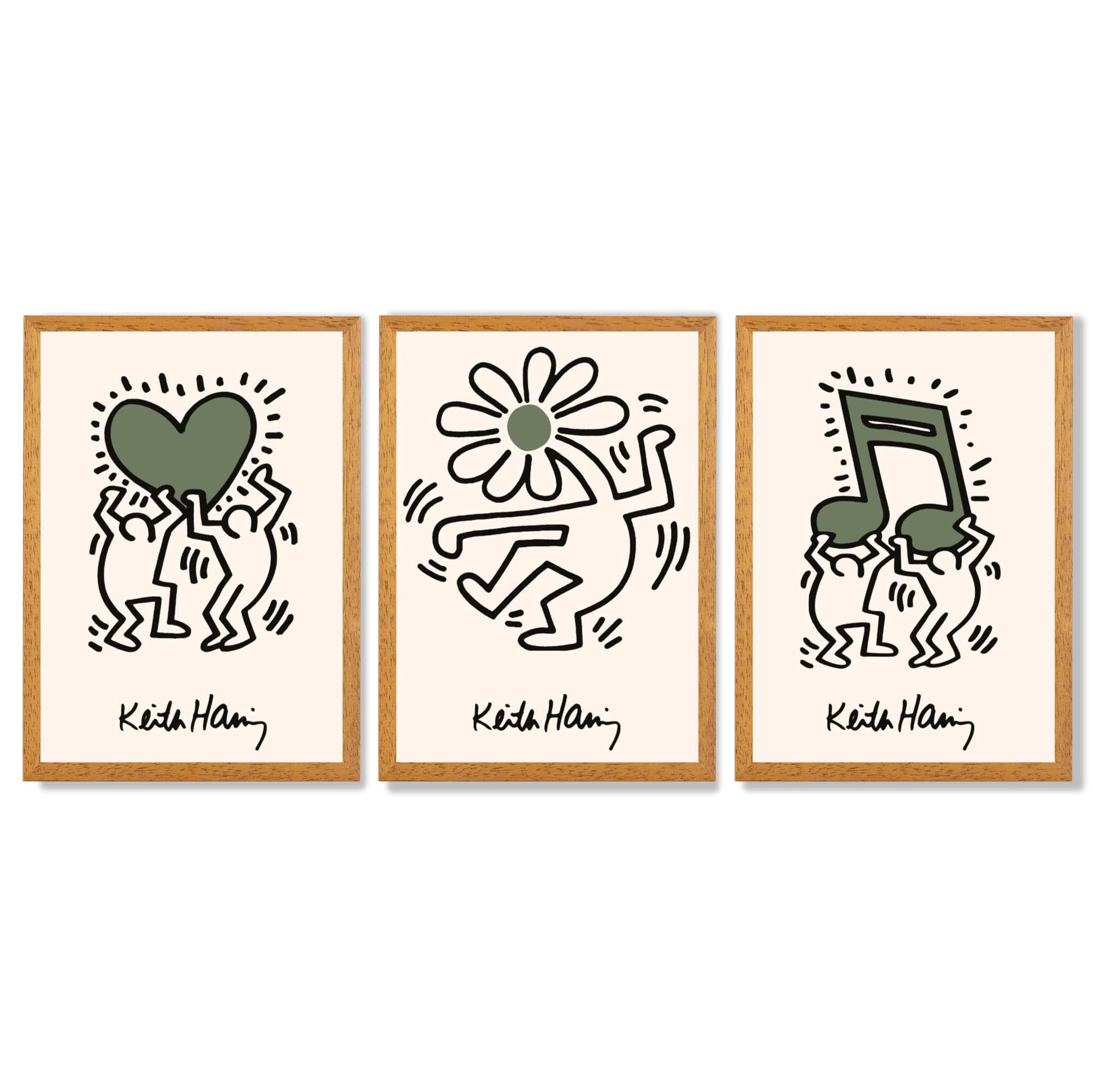 Set of 3 Keith Haring Emotive in Dark Green Framed Wall Art with Oak Wooden Frames