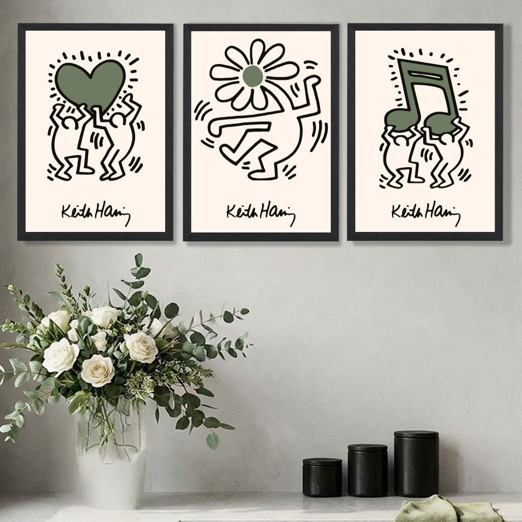 Set of 3 Keith Haring Emotive in Dark Green Art Prints in Oak Frames | Artze UK