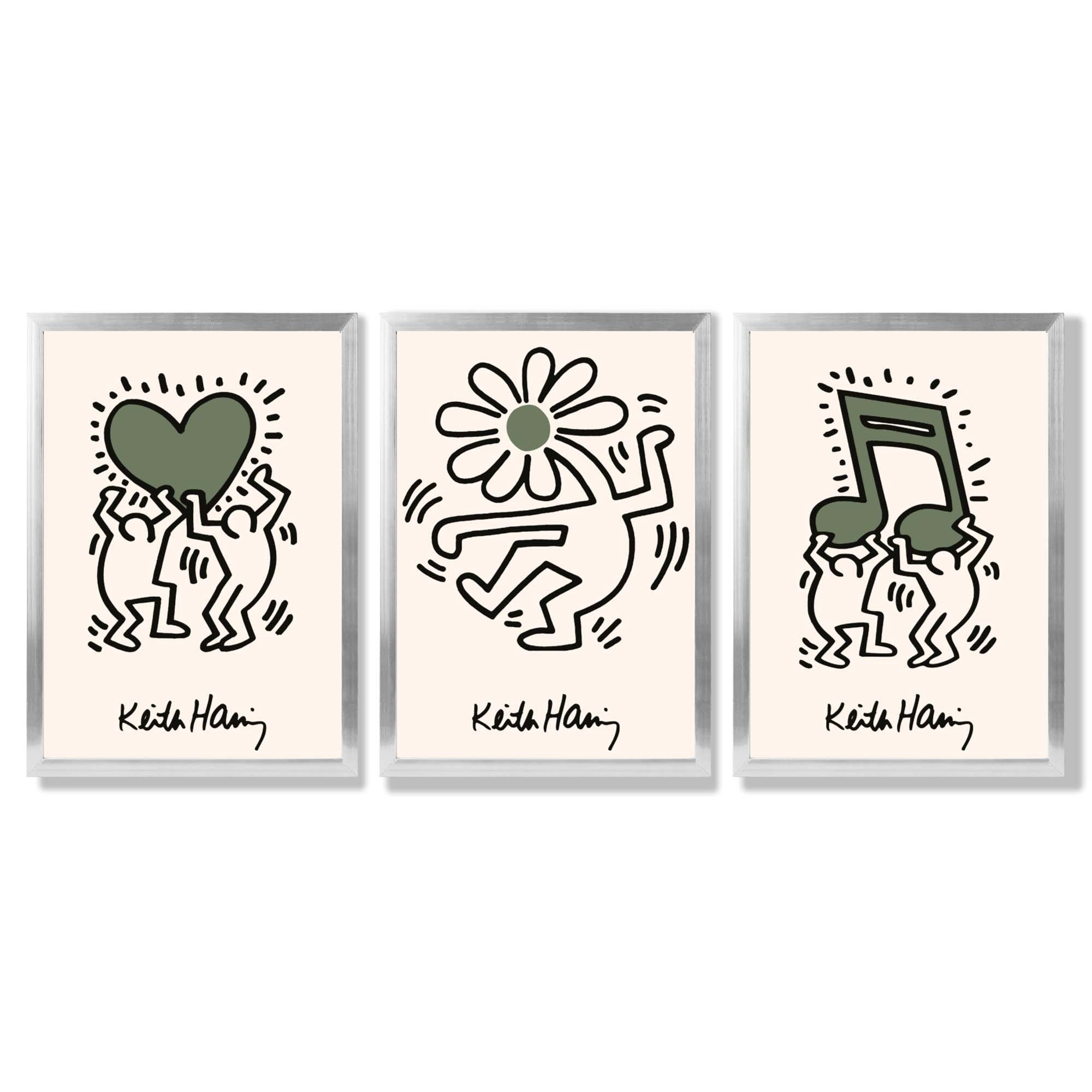 Set of 3 Keith Haring Emotive in Dark Green Framed Wall Art with Silver Wood Frames