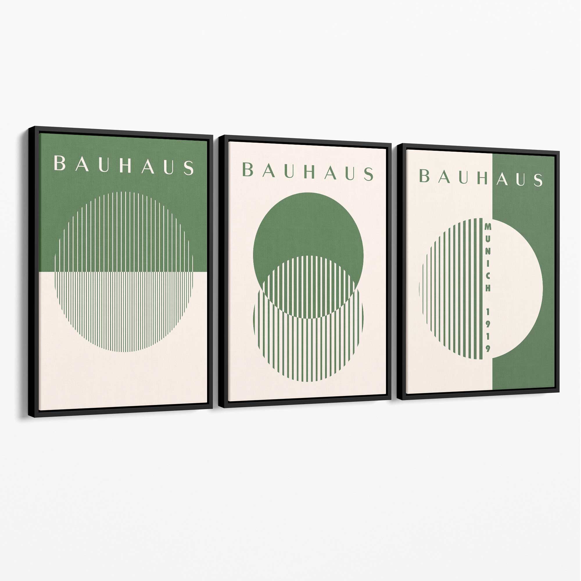 Set of 3 Green Bauhaus Floral Canvas Prints with Black Float Frame