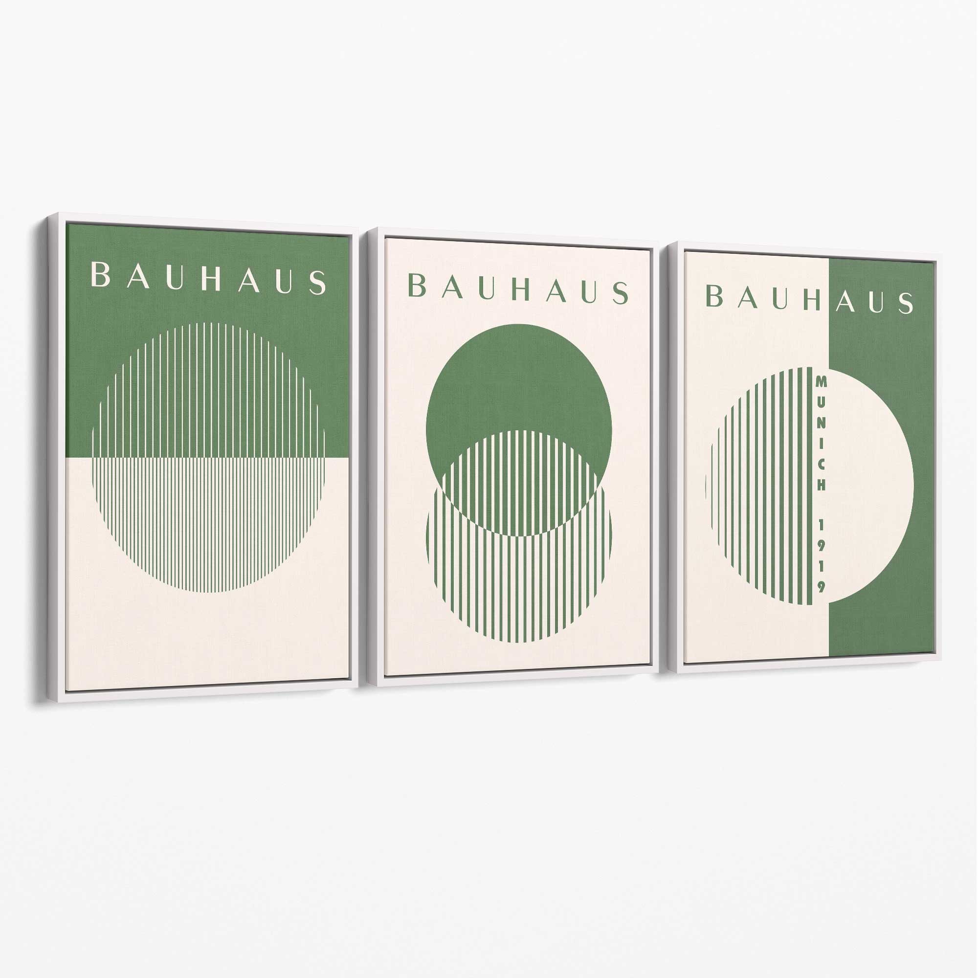 Set of 3 Green Bauhaus Floral Canvas Prints with White Float Frame