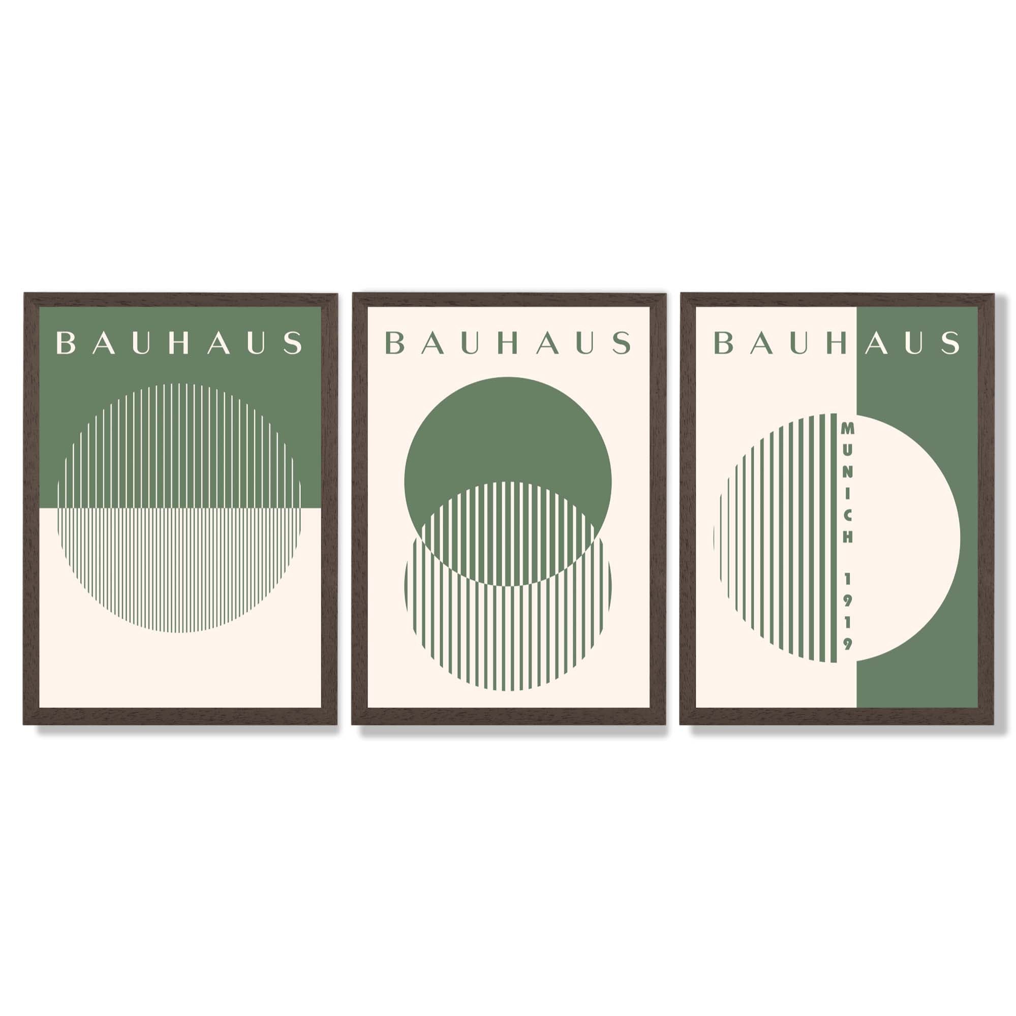 Set of 3 Green Bauhaus Floral Framed Wall Art with Dark Wood Frames