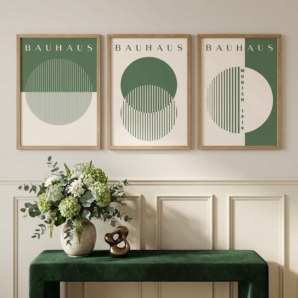 Set of 3 Green Bauhaus Floral Art Prints in Black Frames | Artze UK