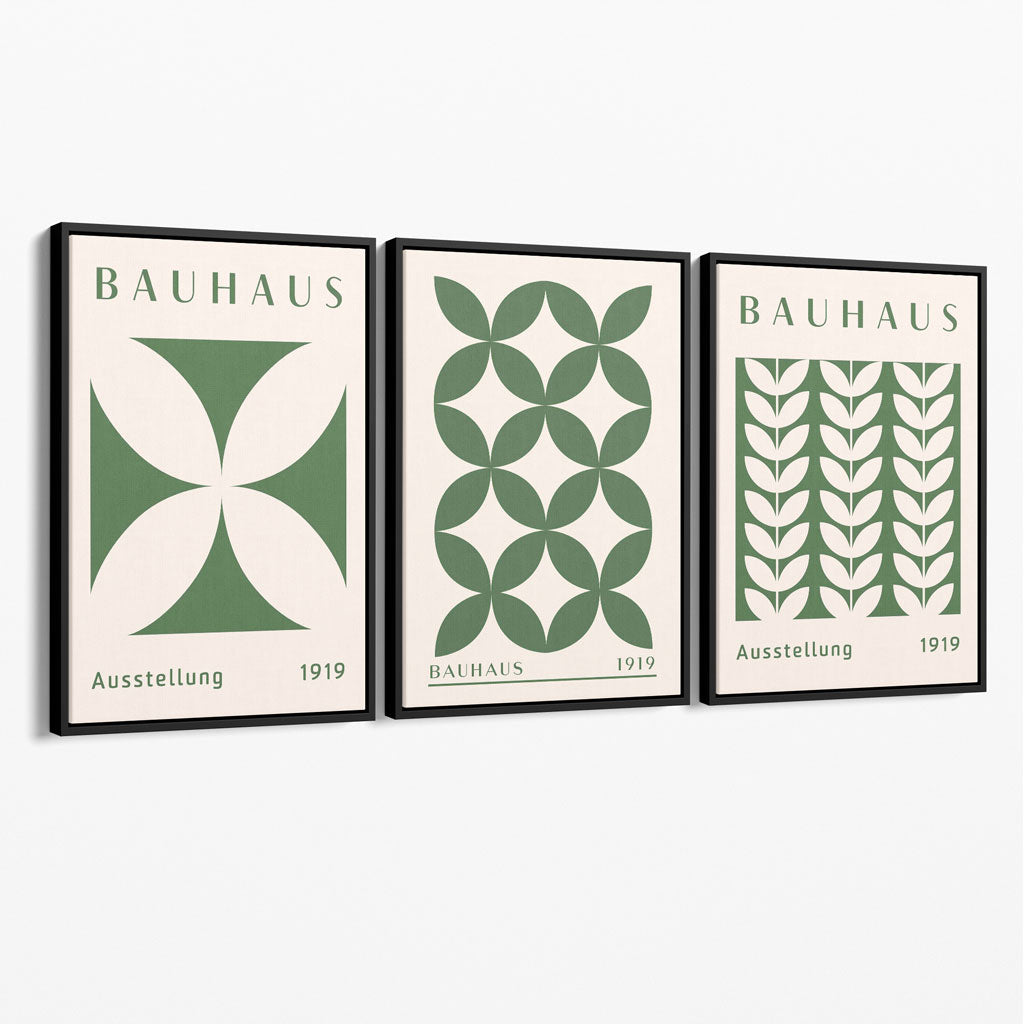 Set of 3 Green Bauhaus Floral Canvas Prints with Black Float Frame