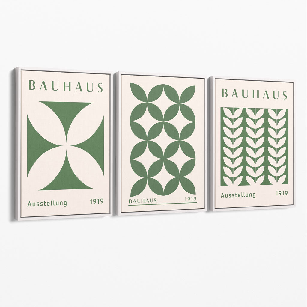 Set of 3 Green Bauhaus Floral Canvas Prints with White Float Frame