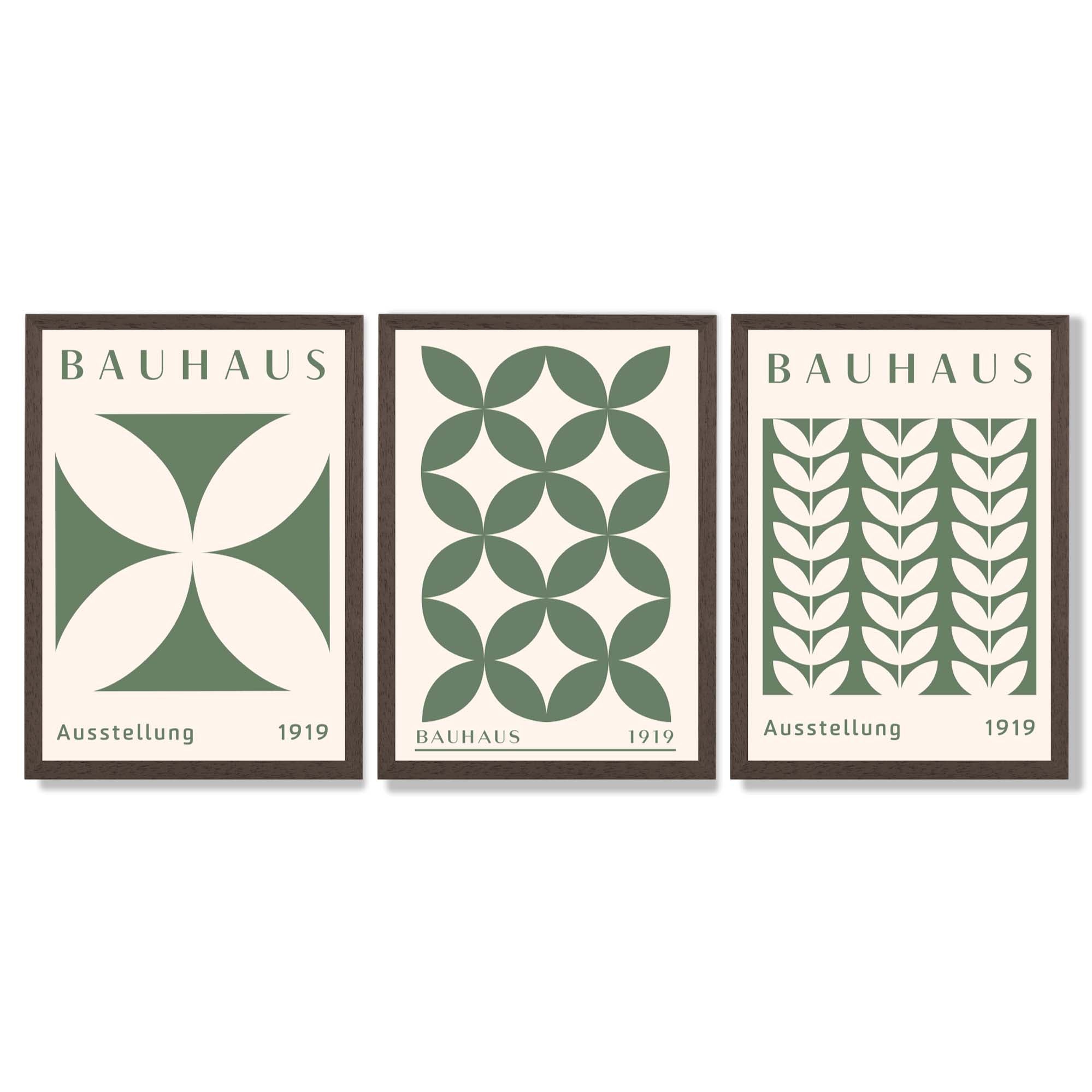 Set of 3 Green Bauhaus Floral Framed Wall Art with Dark Wood Frames