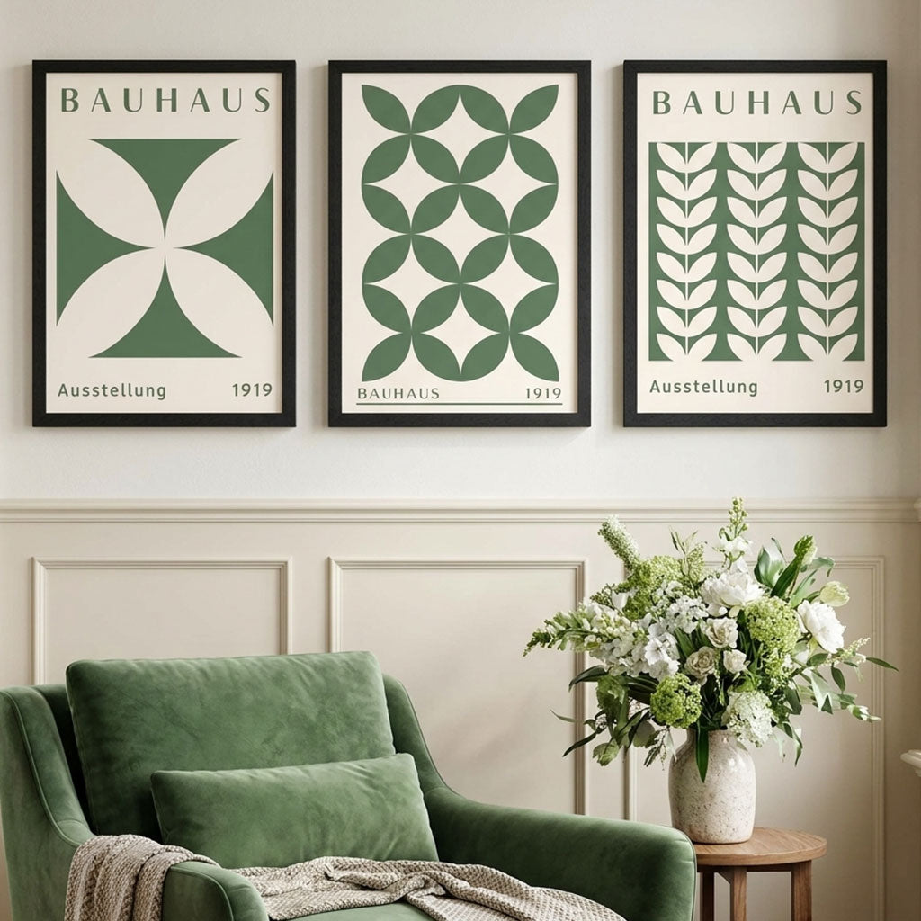 Set of 3 Green Bauhaus Floral Art Prints in Black Frames | Artze UK