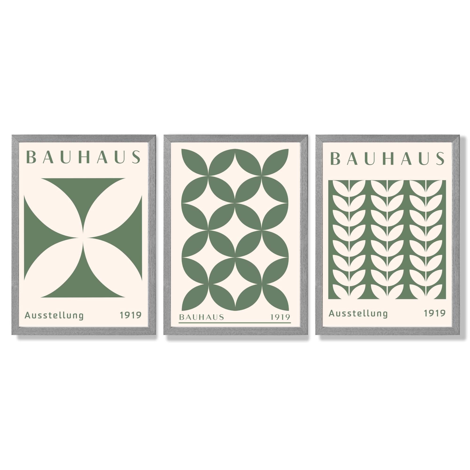 Set of 3 Green Bauhaus Floral Framed Wall Art with Light Grey Wooden Frames