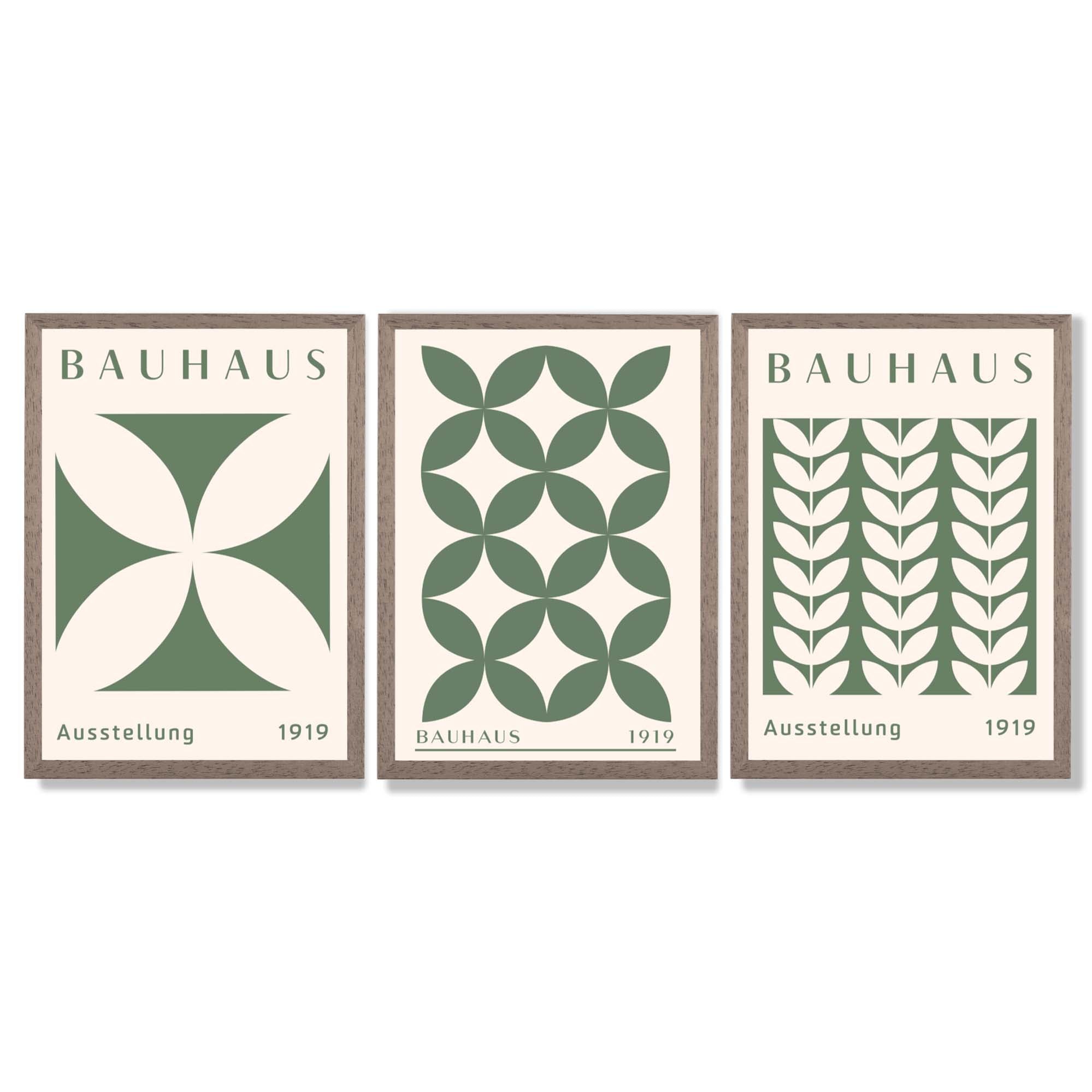 Set of 3 Green Bauhaus Floral Framed Wall Art with Light Walnut Frames