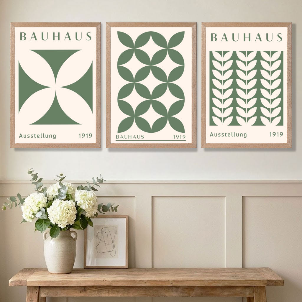 Set of 3 Green Bauhaus Floral Art Prints in White Frames | Artze UK
