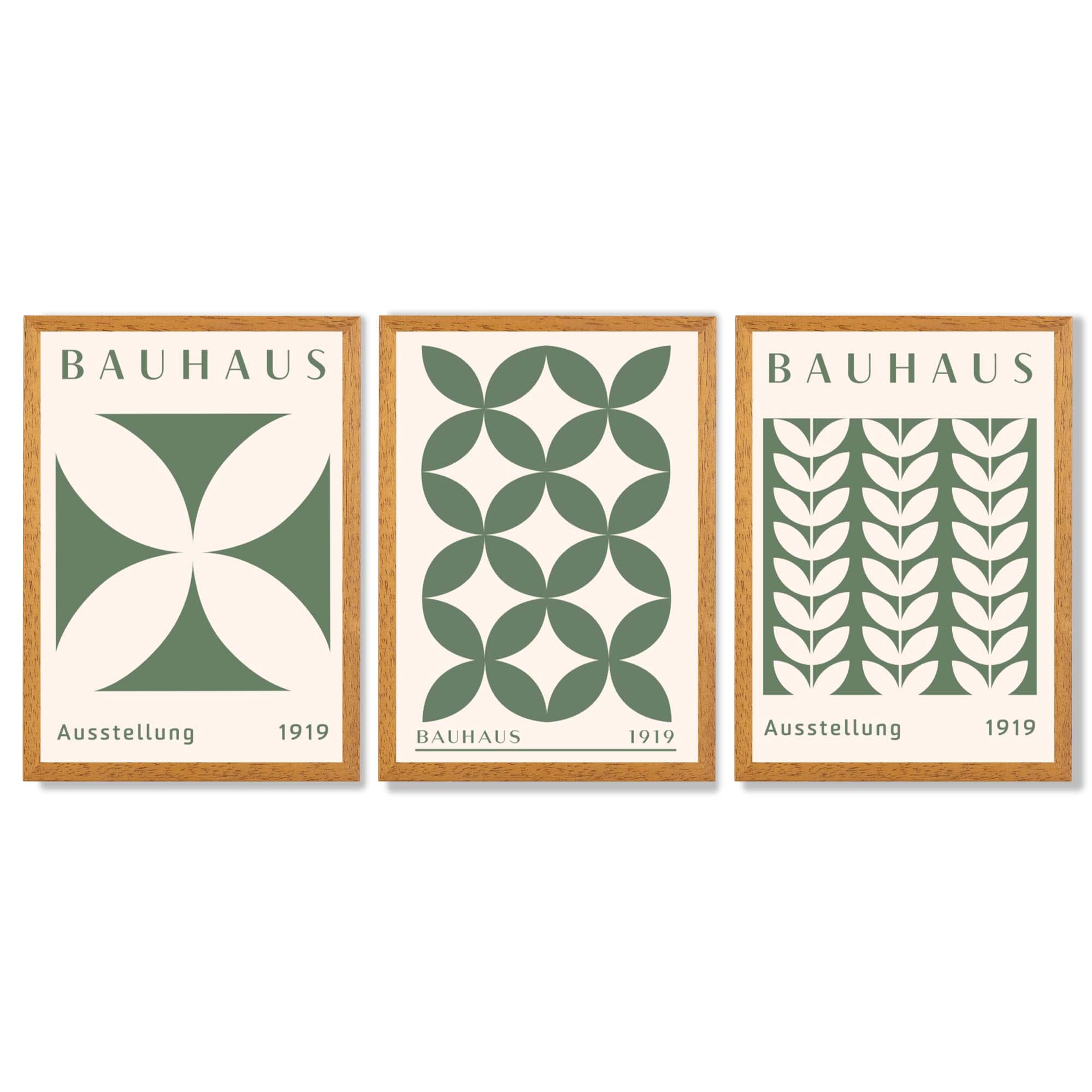 Set of 3 Green Bauhaus Floral Framed Wall Art with Oak Wooden Frames