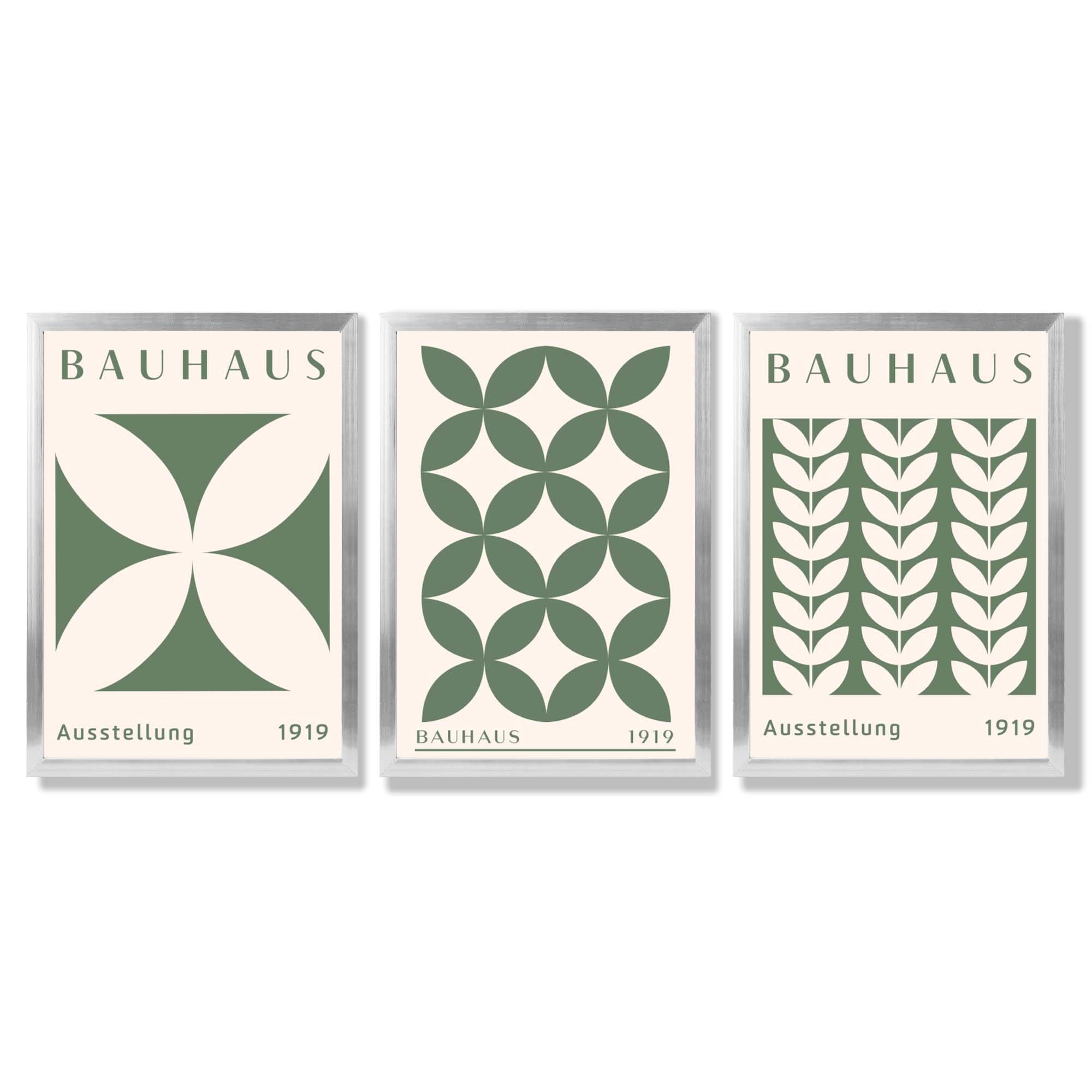 Set of 3 Green Bauhaus Floral Framed Wall Art with Silver Wood Frames