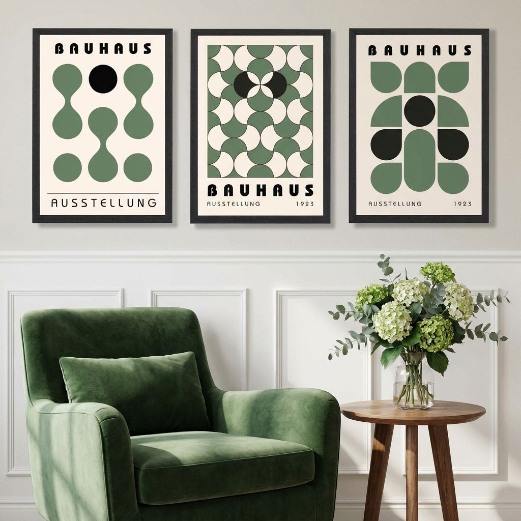 Set of 3 Bauhaus Mid Century Modern Green Framed Wall Art with Black Wooden Frames