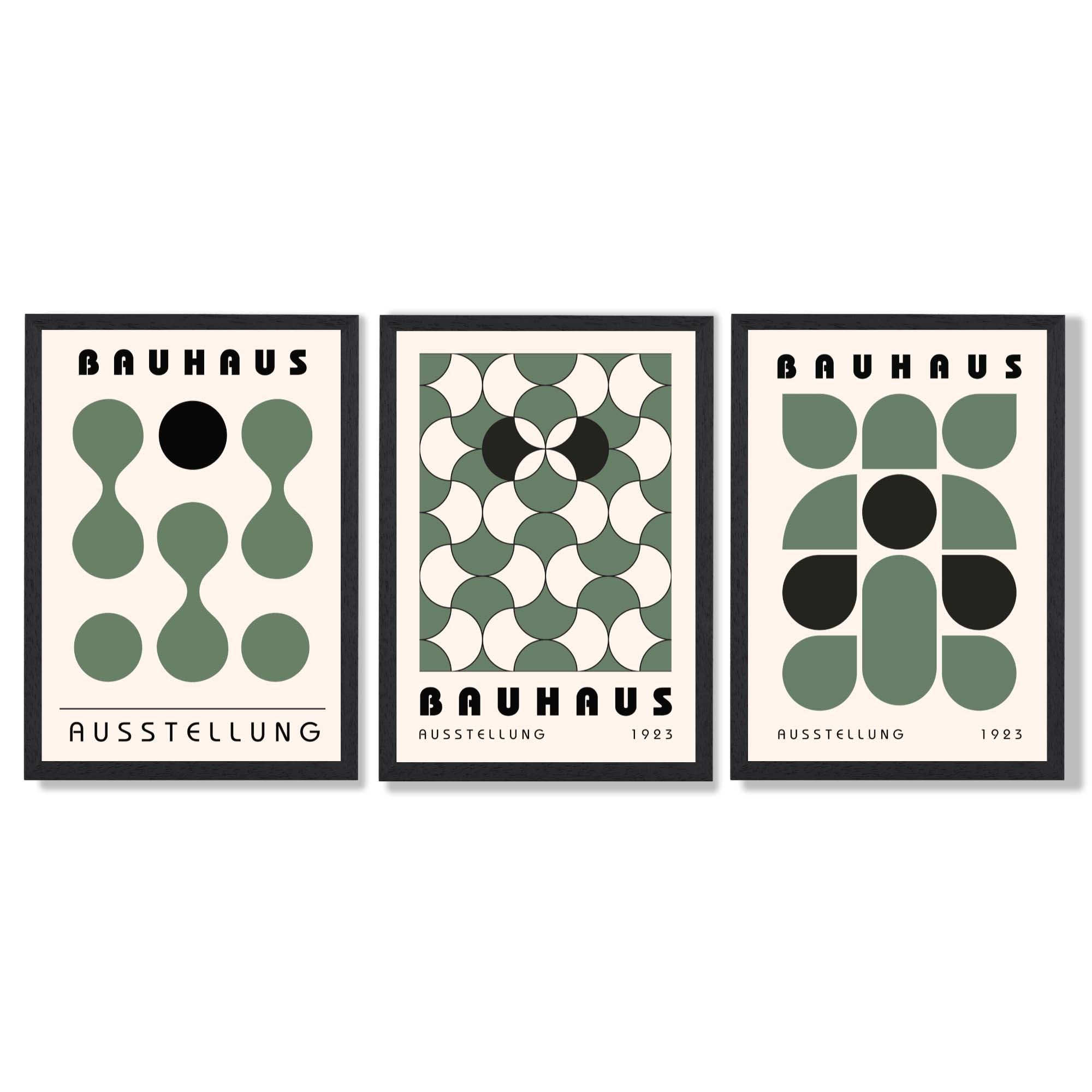 Set of 3 Bauhaus Mid Century Modern Green Framed Wall Art with Black Wooden Frames