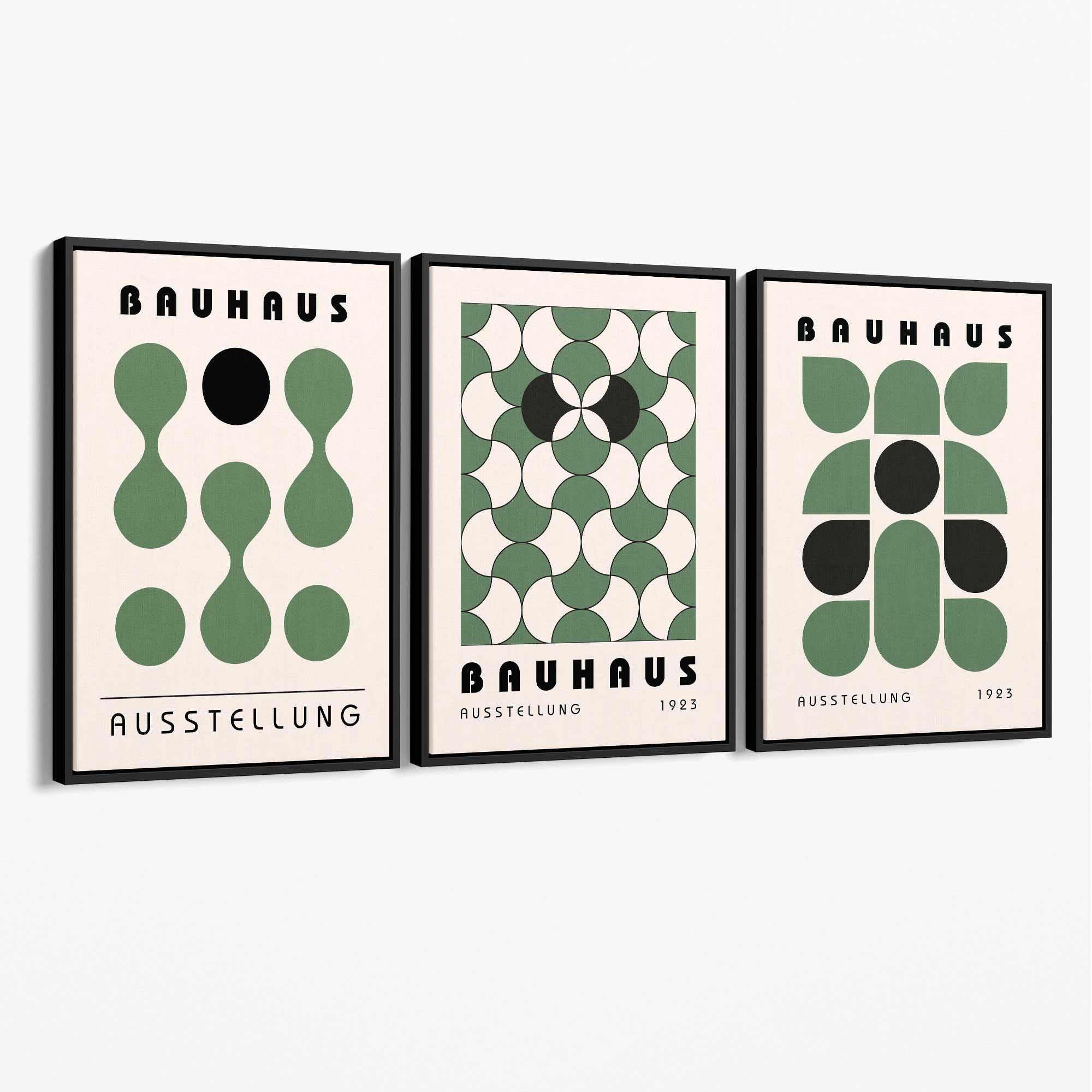 Set of 3 Bauhaus Mid Century Modern Green Canvas Prints with Black Float Frame