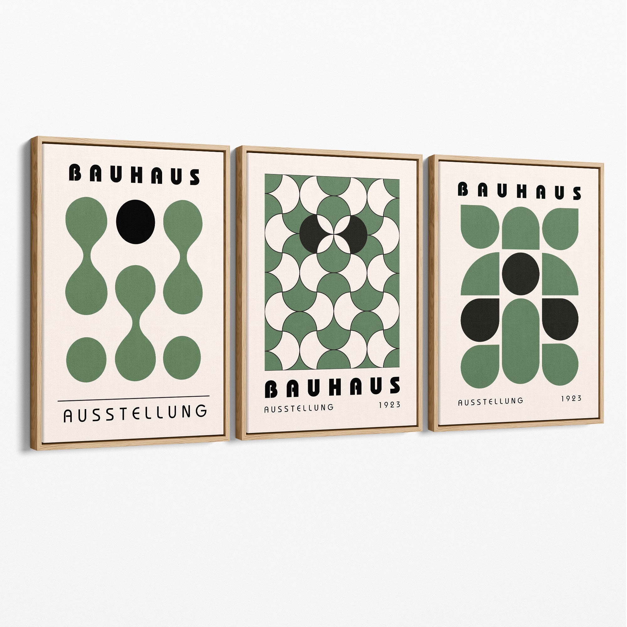 Set of 3 Bauhaus Mid Century Modern Green Canvas Prints with Oak Float Frame