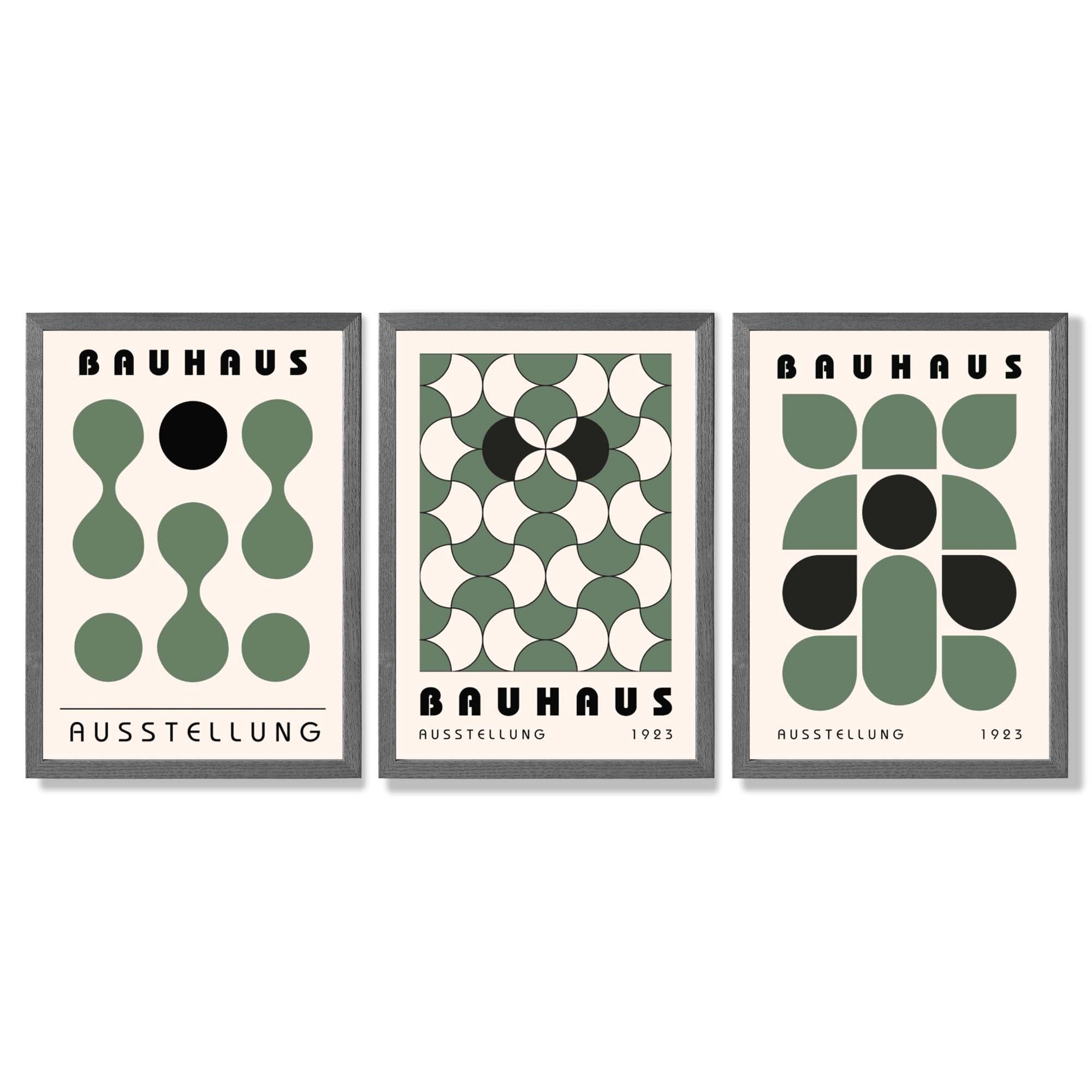 Set of 3 Bauhaus Mid Century Modern Green Framed Wall Art with Dark Grey Wooden Frames