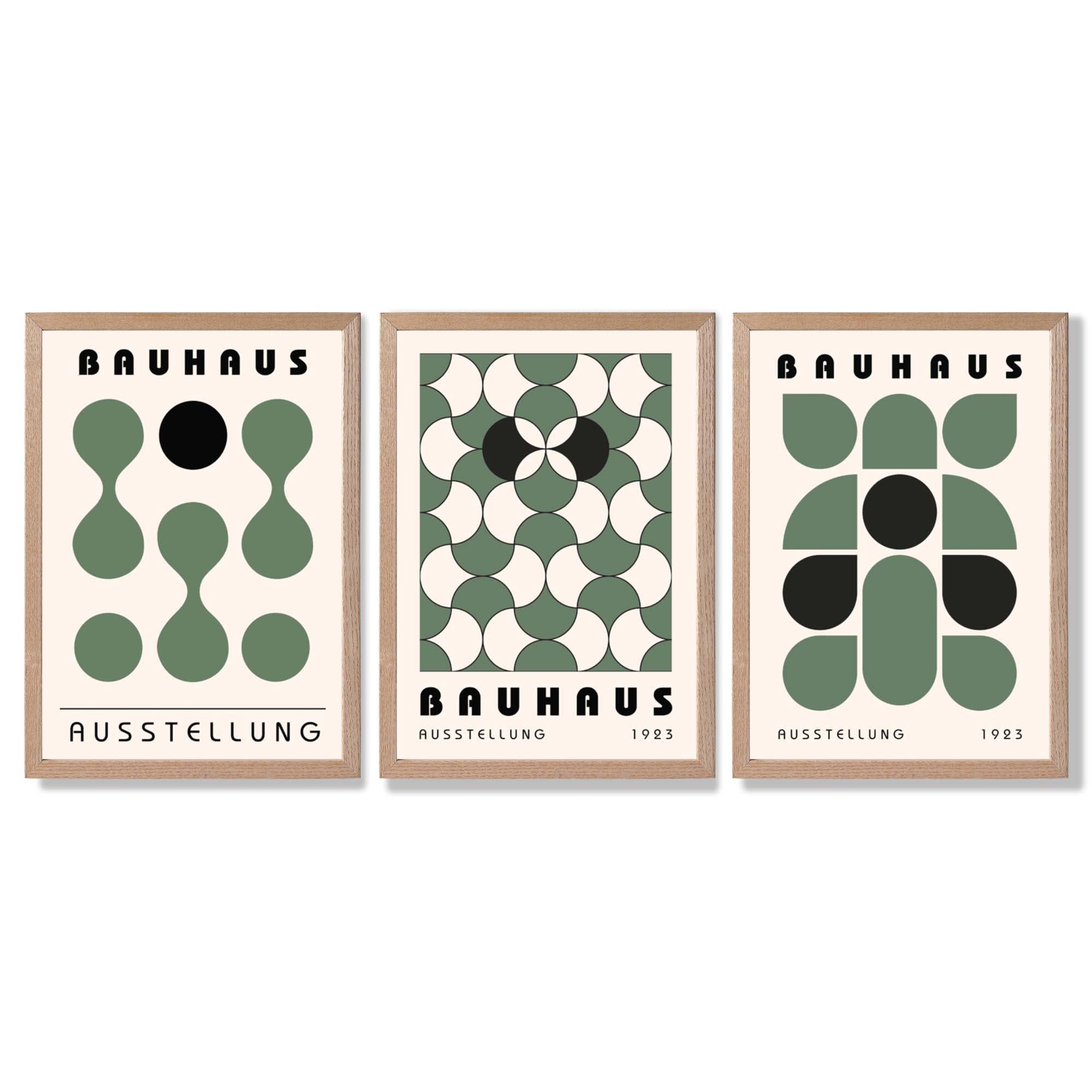 Set of 3 Bauhaus Mid Century Modern Green Framed Wall Art with Light Oak Frames