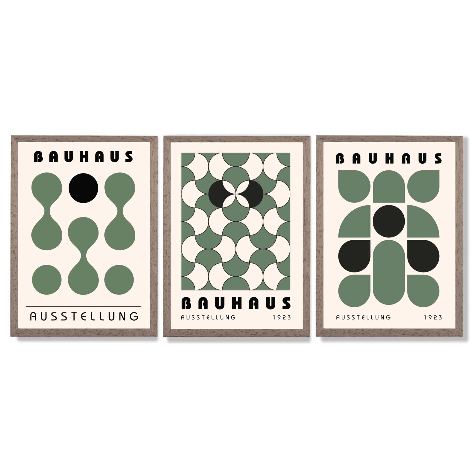 Set of 3 Bauhaus Mid Century Modern Green Framed Wall Art with Light Walnut Frames