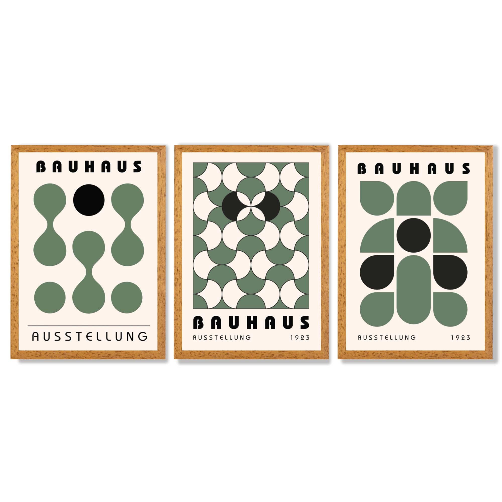 Set of 3 Bauhaus Mid Century Modern Green Framed Wall Art with Oak Wooden Frames