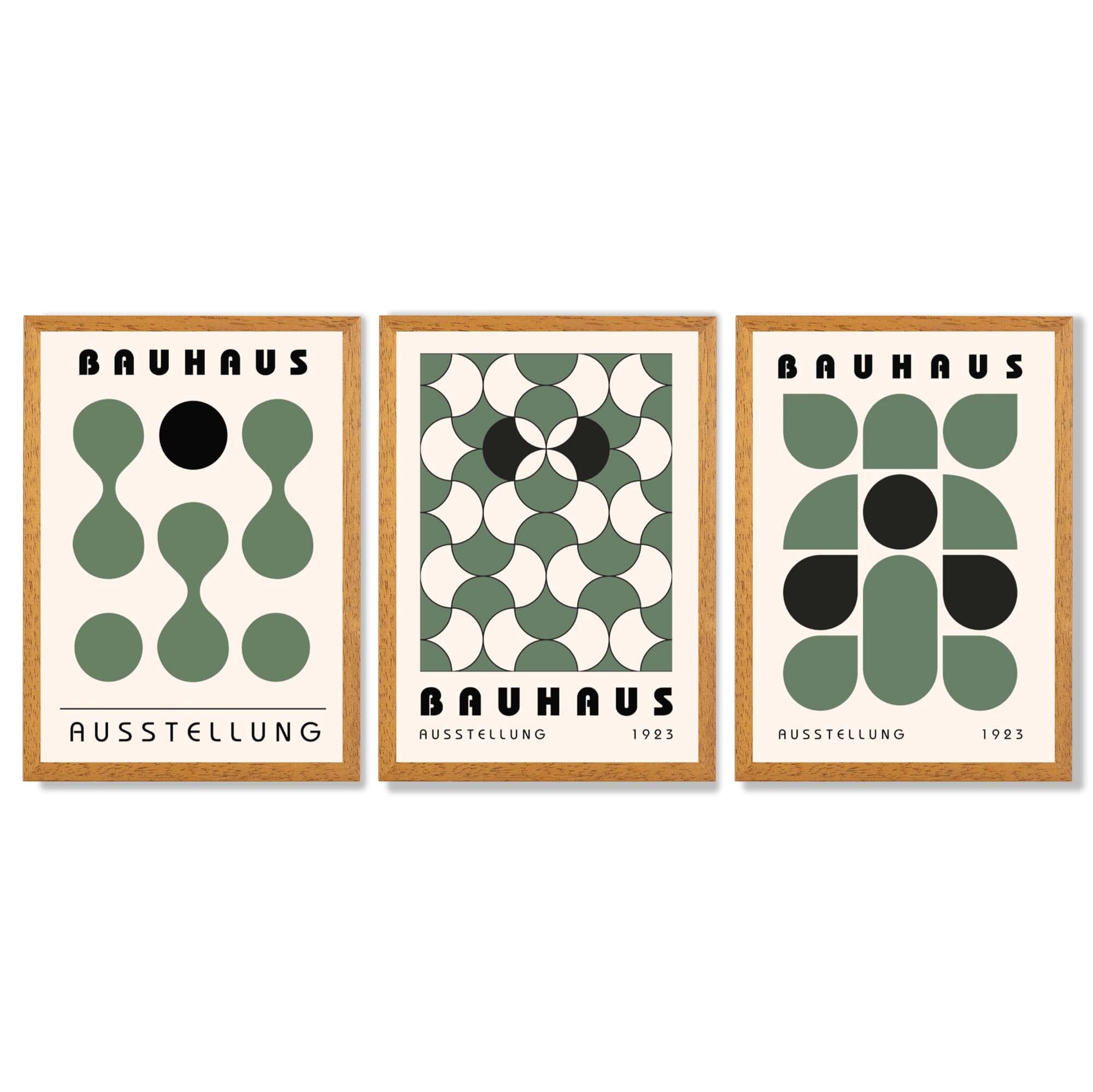 Set of 3 Bauhaus Mid Century Modern Green Framed Wall Art with Oak Wooden Frames