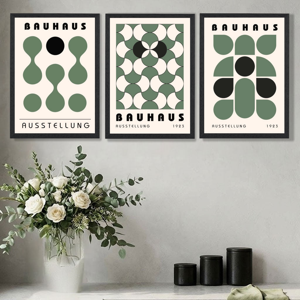 Set of 3 Bauhaus Mid Century Modern Green Art Prints in Oak Frames | Artze UK
