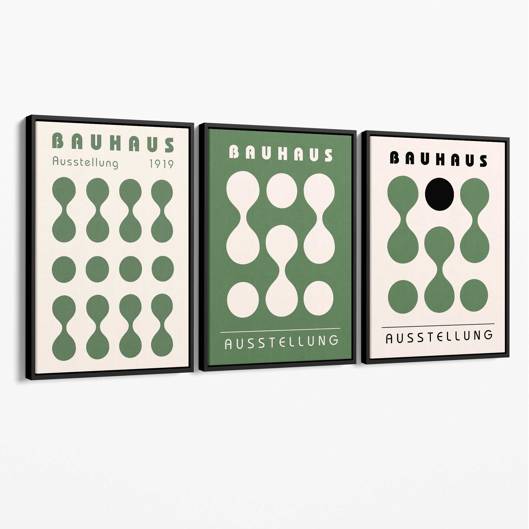 Set of 3 Bauhaus Modern Organic Green Canvas Prints with Black Float Frame