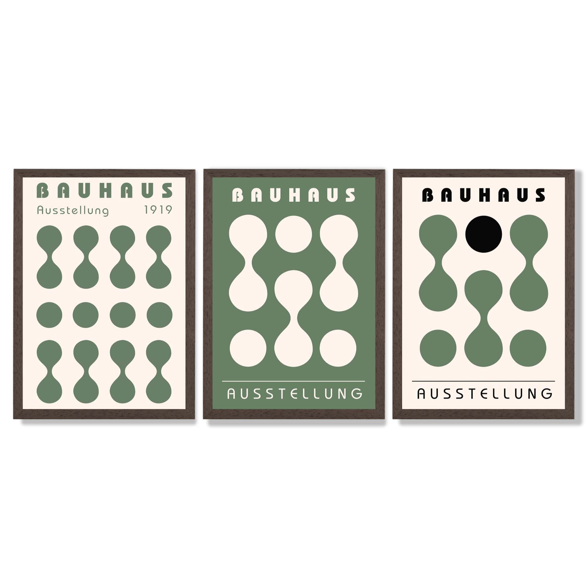 Set of 3 Bauhaus Modern Organic Green Framed Wall Art with Dark Wood Frames