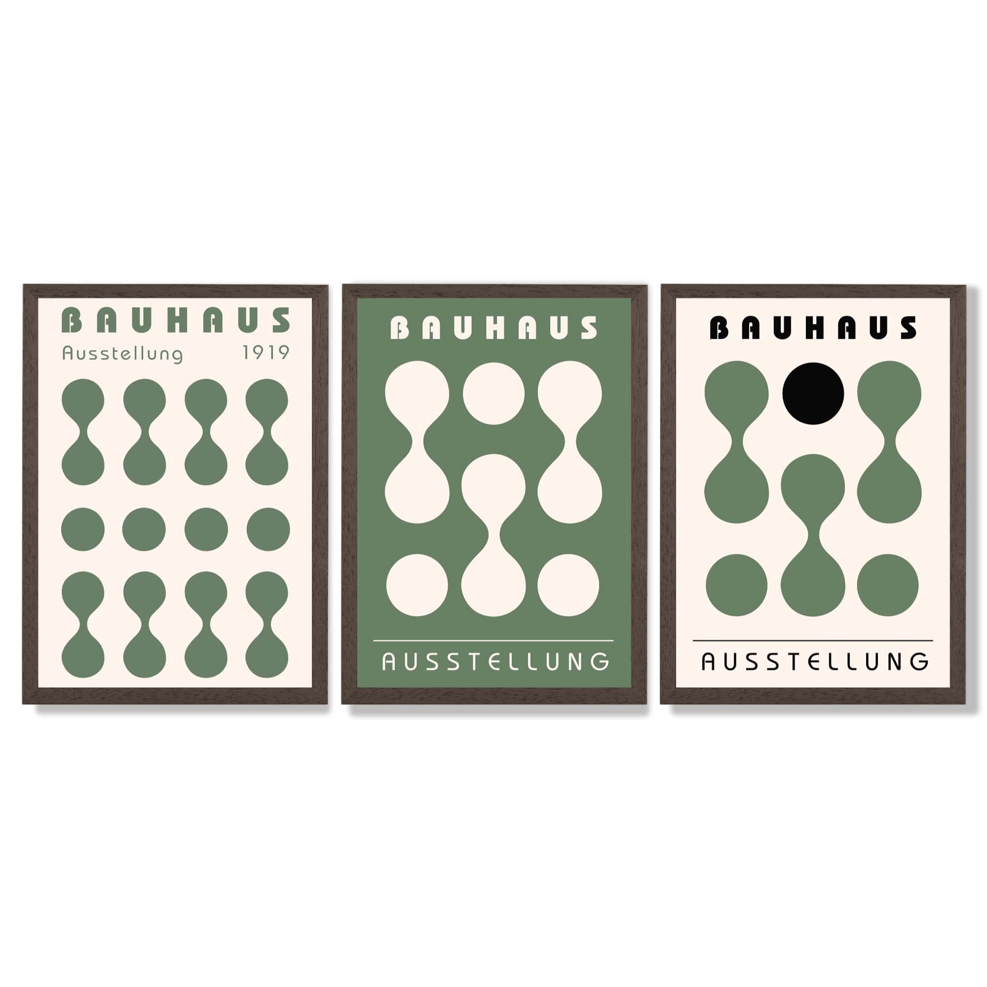 Set of 3 Bauhaus Modern Organic Green Framed Wall Art with Dark Wood Frames