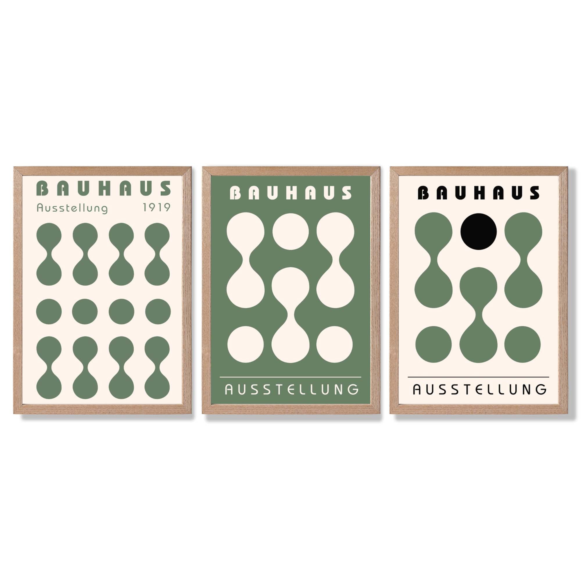 Set of 3 Bauhaus Modern Organic Green Framed Wall Art with Light Oak Frames