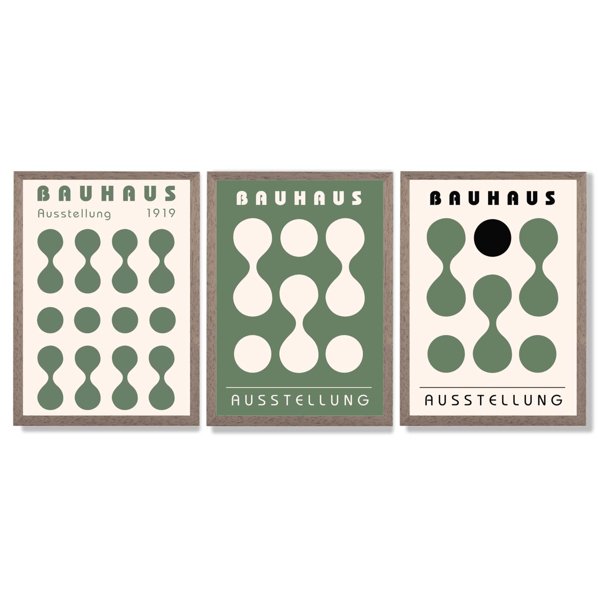Set of 3 Bauhaus Modern Organic Green Framed Wall Art with Light Walnut Frames