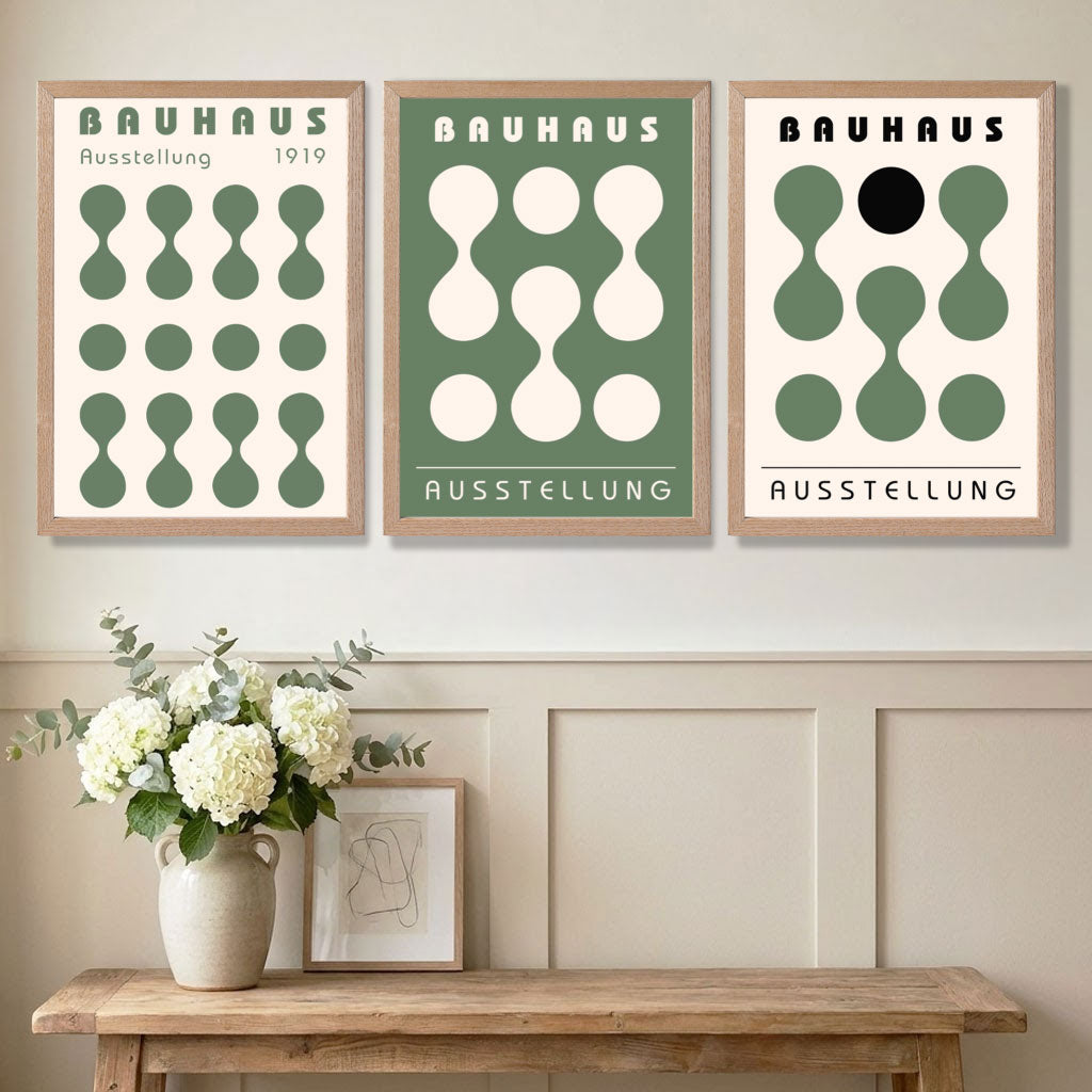 Set of 3 Bauhaus Modern Organic Green Art Prints in White Frames | Artze UK