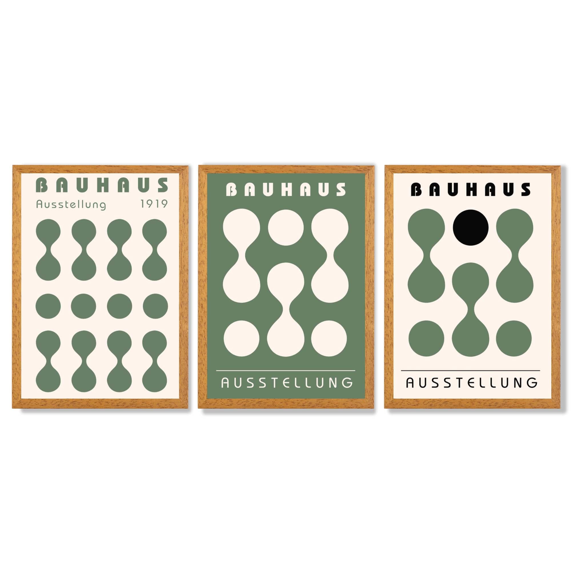 Set of 3 Bauhaus Modern Organic Green Framed Wall Art with Oak Wooden Frames