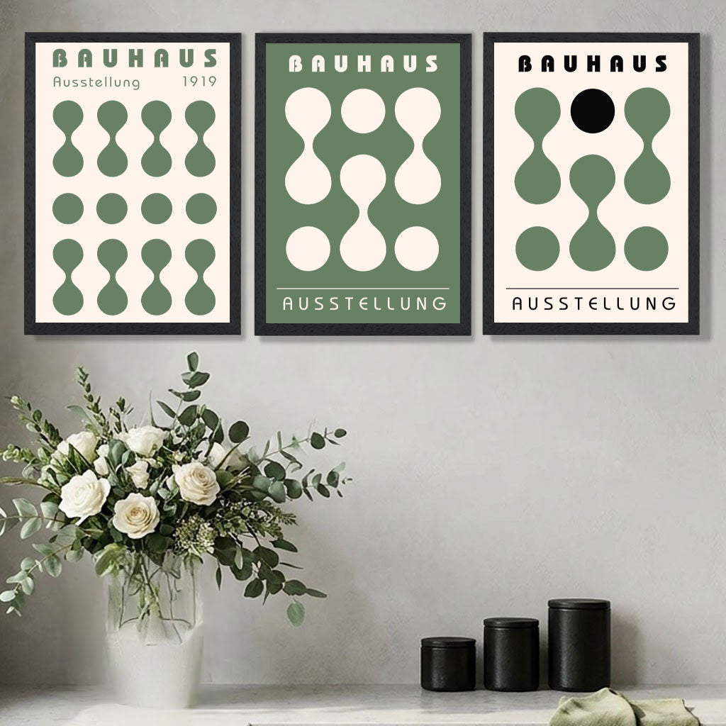 Set of 3 Bauhaus Modern Organic Green Art Prints in Oak Frames | Artze UK
