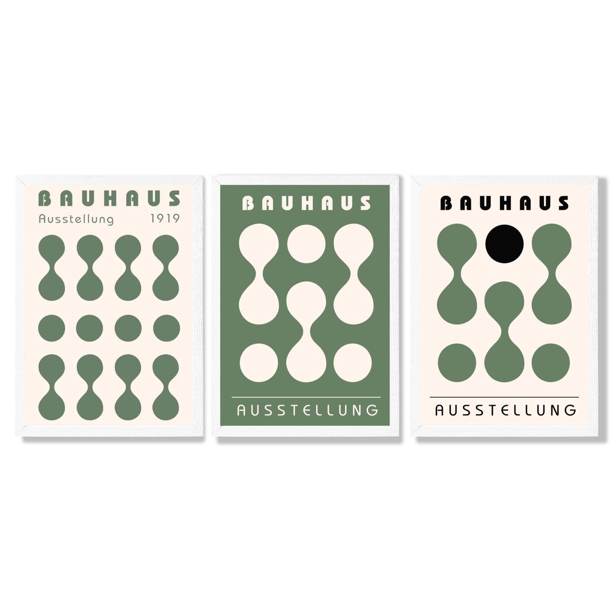 Set of 3 Bauhaus Modern Organic Green Framed Wall Art with White Wooden Frames
